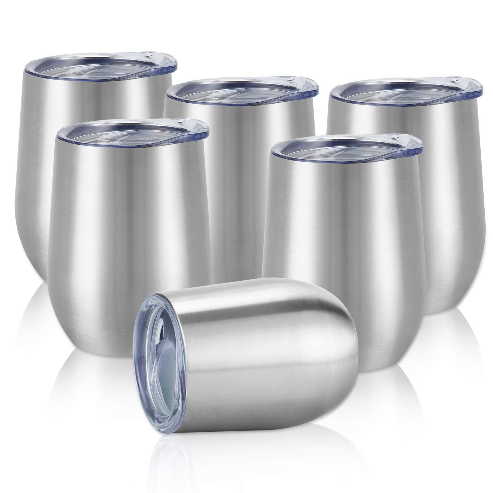 Paquete de 6 vasos de vino de acero inoxidable, vaso de vino aislado de 12 onzas, copa de vino aislada de doble pared, copas de vino sin tallo de acero inoxidable con tapas para café, vino, cócteles,