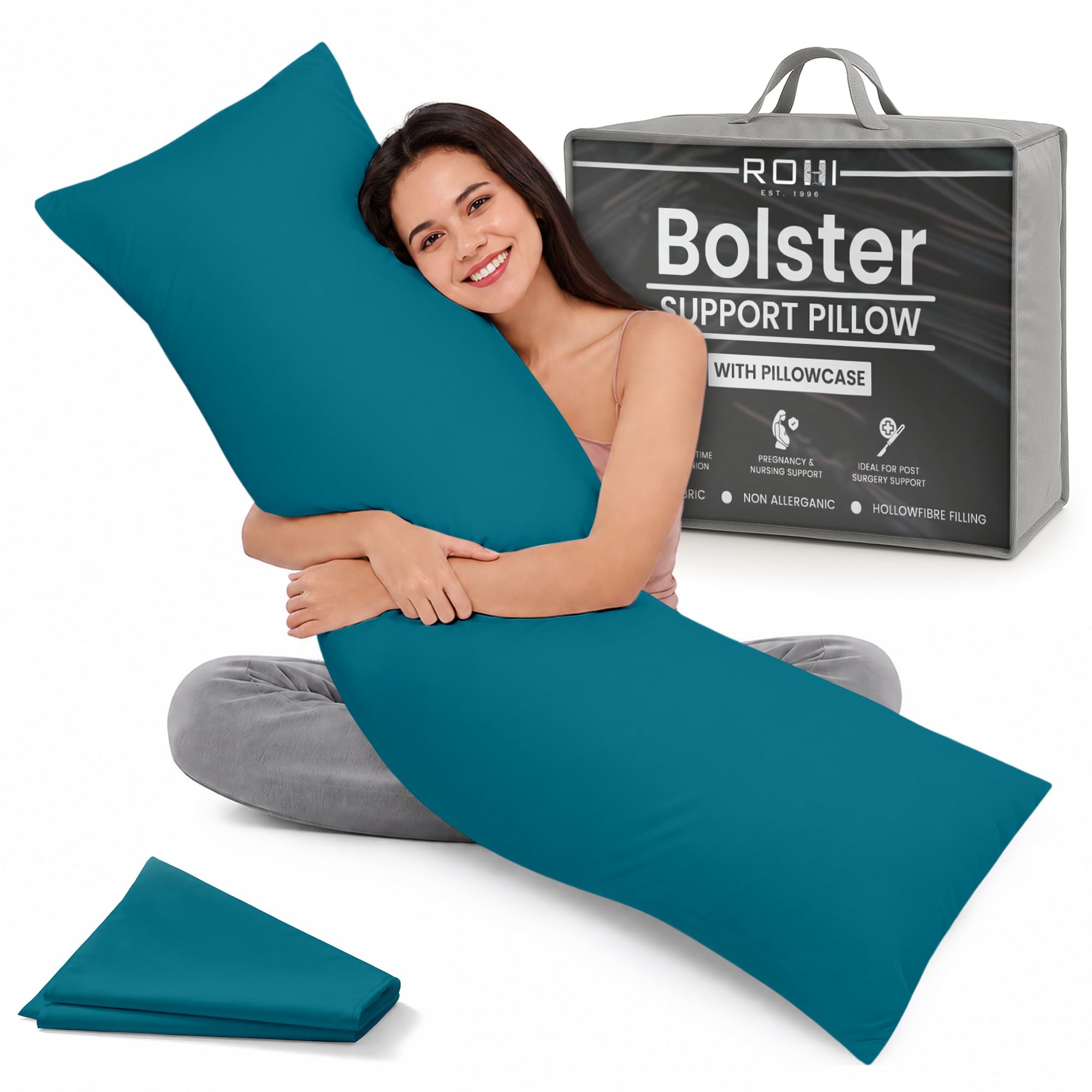 Rohi 6ft Full Body Pillow with Teal Pillowcase–Hollowfibre Filling – Orthopaedic 19"x 72" Super King Bed Size Long Pillow –Bolster Pillow for Maternity, Back & Neck Support –Side Sleeper pillow