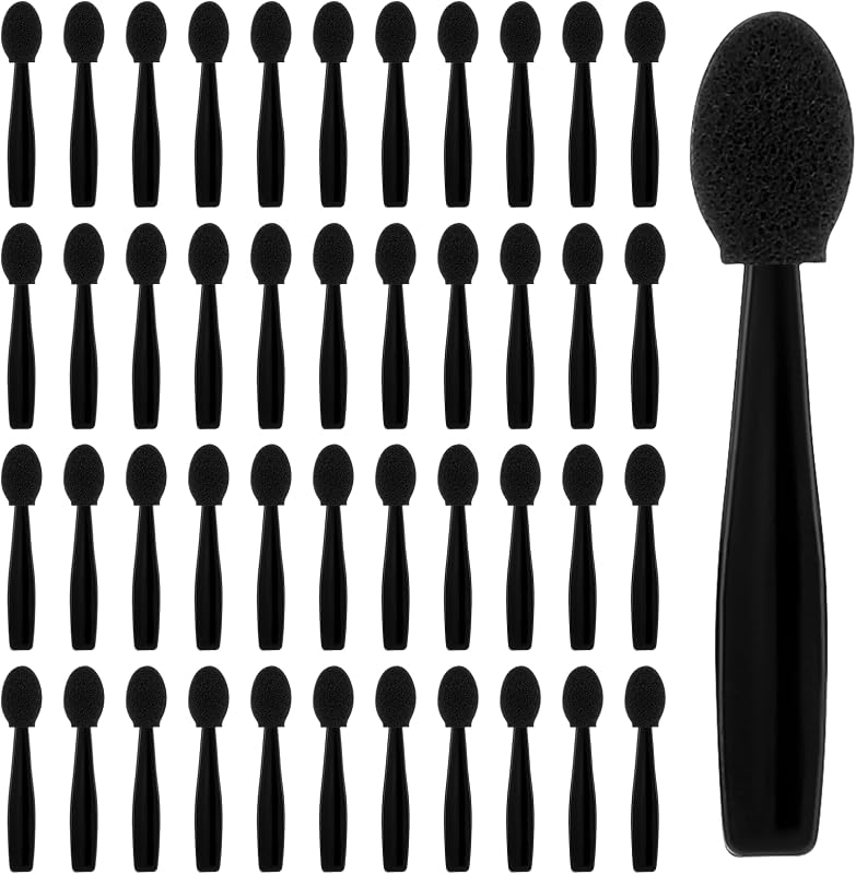 50 Pcs Eye Shadow Applicator Sticks, 1.9" Reusable Short Handle Dual Sided Sponge Cosmetic Brushes, Professional Disposable Single Head Soft Mini Portable Makeup Tools for Cream (Black)