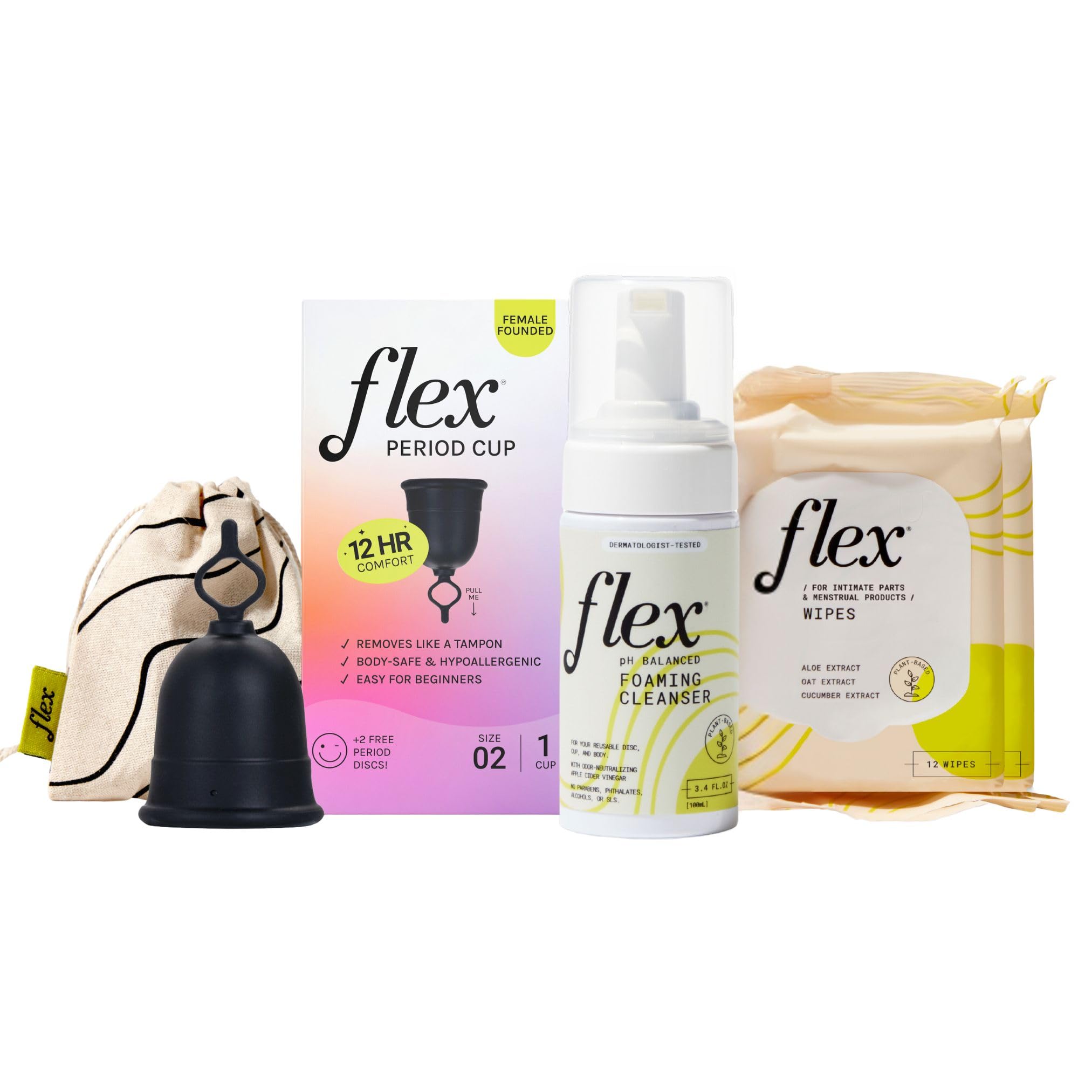 Flex Cup Starter Bundle Size 2 with Cup 02, Foaming Cleanser, and 2-Packs of Wipes (Starter Pack Size 02)