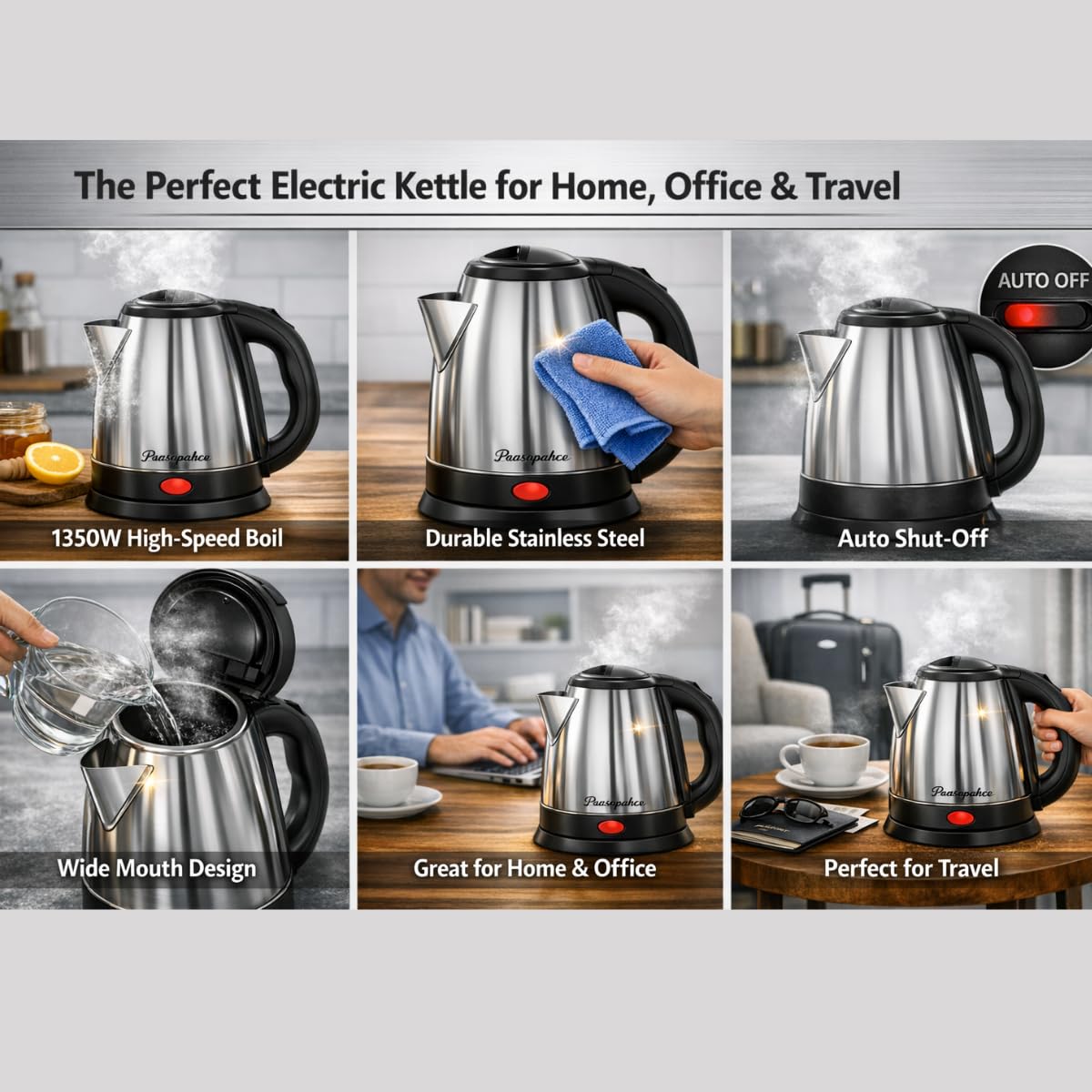 1.5L Portable Electric Kettle | 1350W High‑Speed Boil | Durable Stainless Steel | Auto Shut‑Off & Wide Mouth | Compact Hot Water Kettle for Home, Office & Travel
