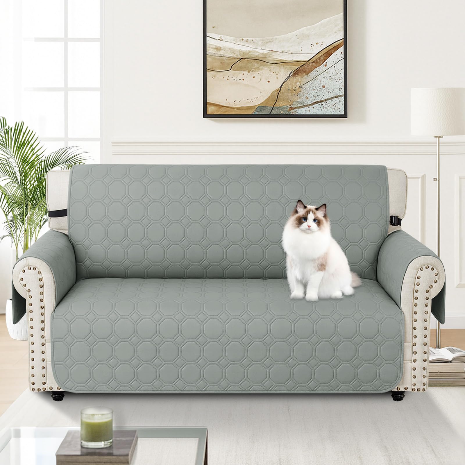Ystyle Copridivano Impermeabile 1 Posto Con Braccioli, Copri Divano Antigraffio Gatto Con Tasche Laterali, Sofa Cover Antiscivolo, Universale Copridivani Mobili Protector, Grigio Chiaro
