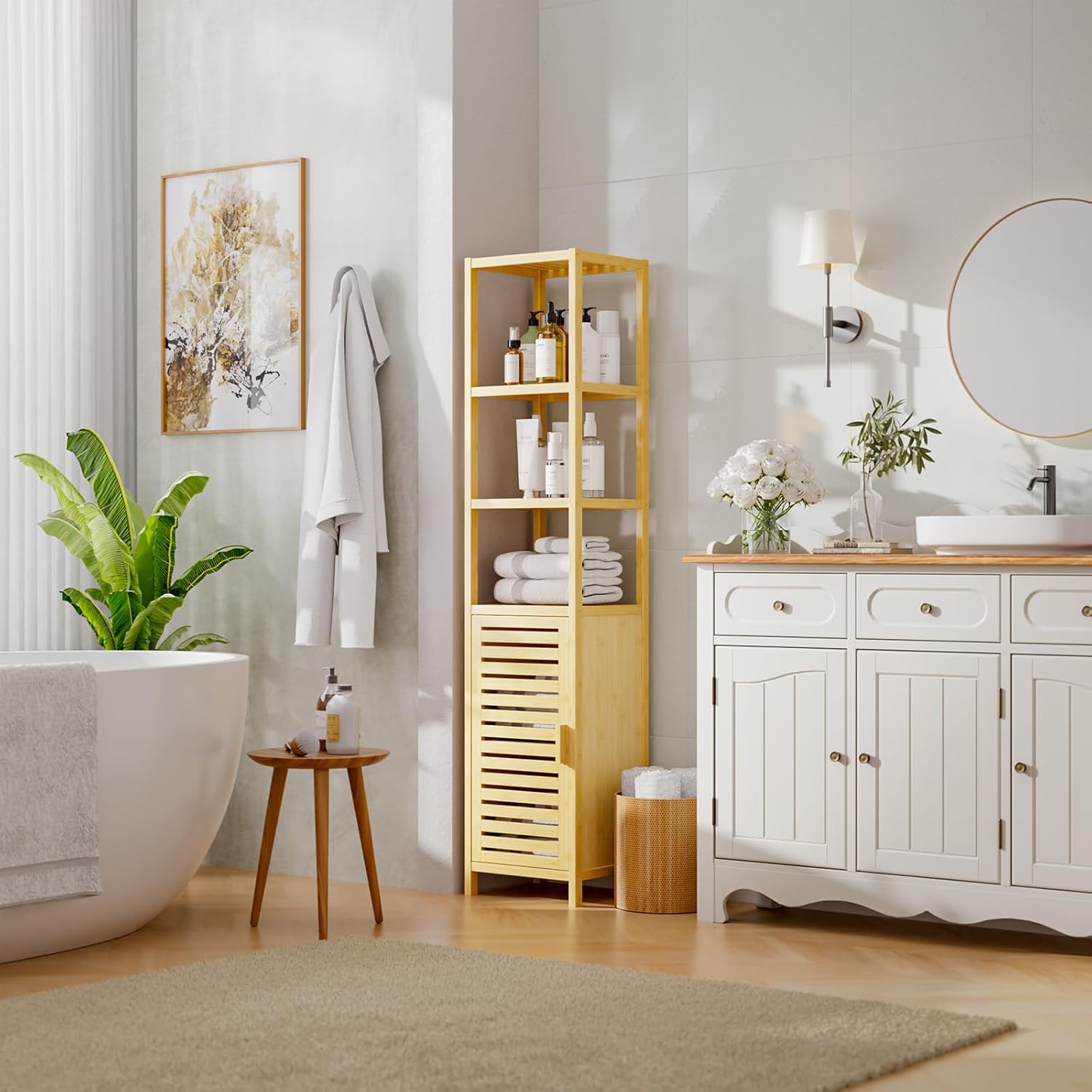 HITNET Bathroom Floor Cabinet, 6 Tier Tall Thin Linen Tower Storage Cabinet Free Standing Bamboo, Kitchen Side Organizer with 3 Shelves and Cupboard, Natural