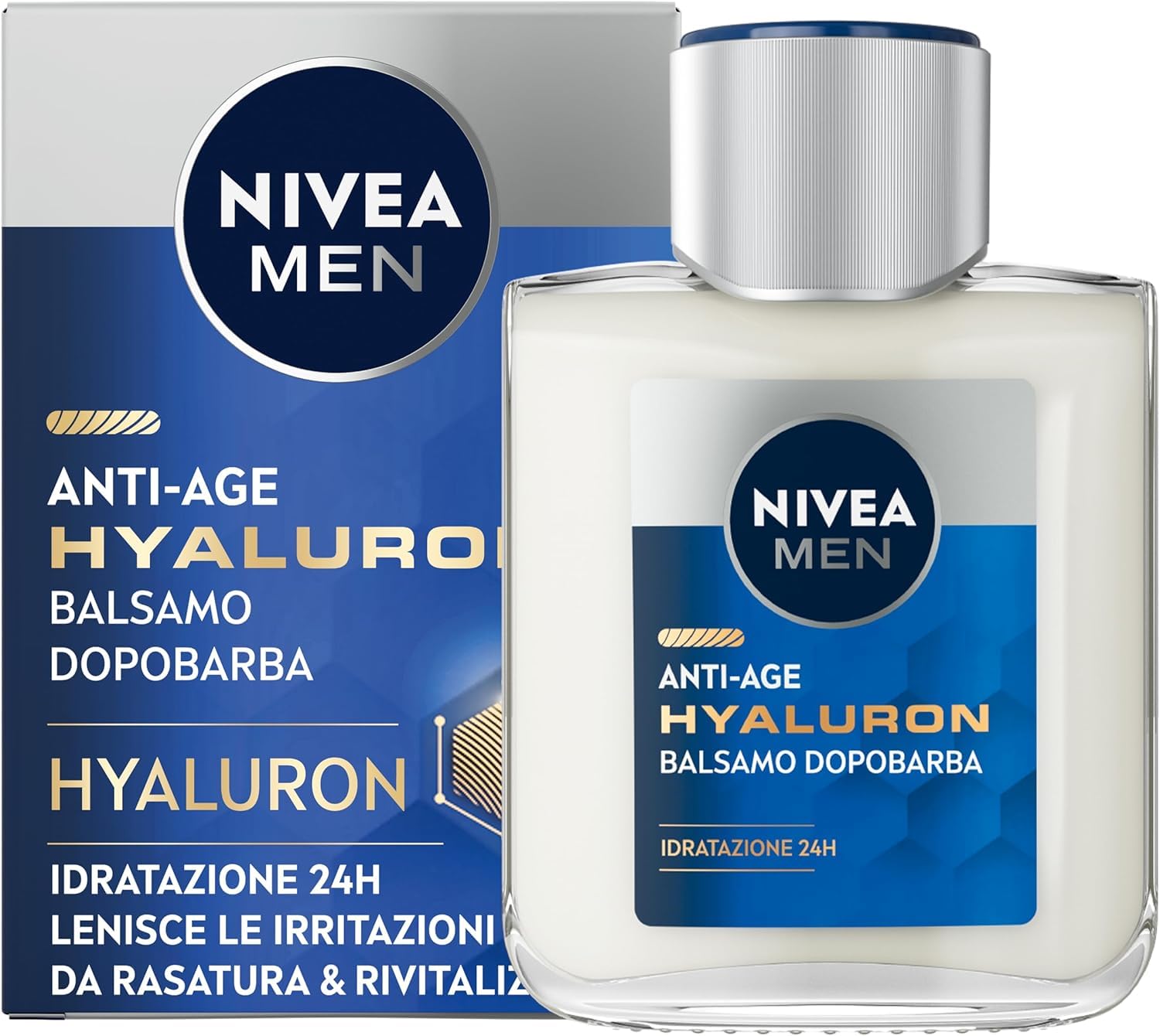 NIVEA MEN Anti-Age Hyaluron Balsamo Dopobarba Uomo 100 ml, Dopobarba uomo con acido ialuronico, Balsamo barba idratante, rivitalizzante e lenitivo per pelli mature
