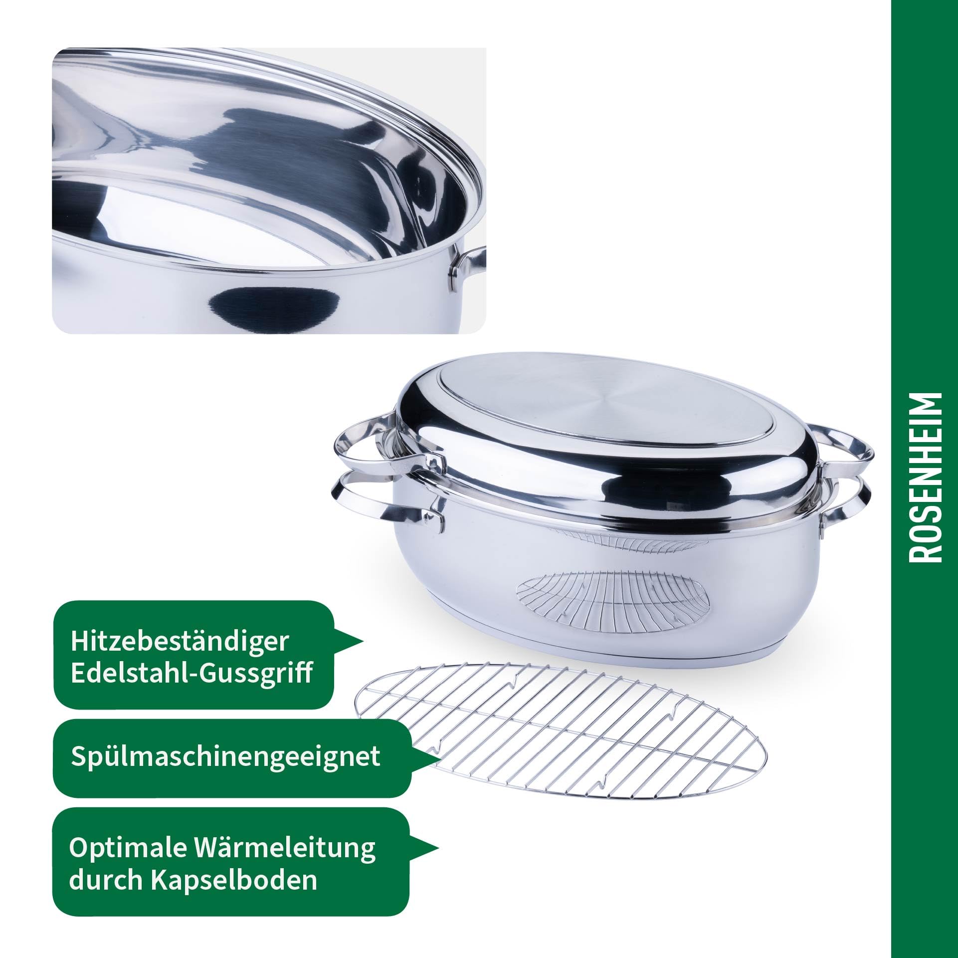 Chefkoch trifft Fackelmann Bräter Rosenheim – Ø38 cm, mit Edelstahldeckel, Gussgriff und Rosteinsatz, für alle Herdarten, Spülmaschinengeeignet