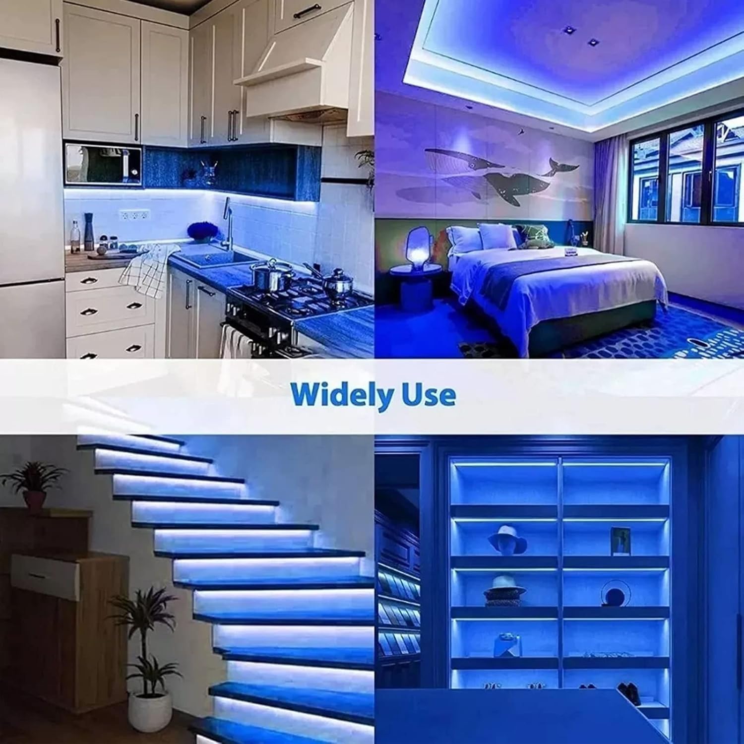 Image showing various applications of the neon strip light, including kitchen under-cabinet lighting, bedroom ceiling cove lighting, staircase illumination, and shelf lighting.