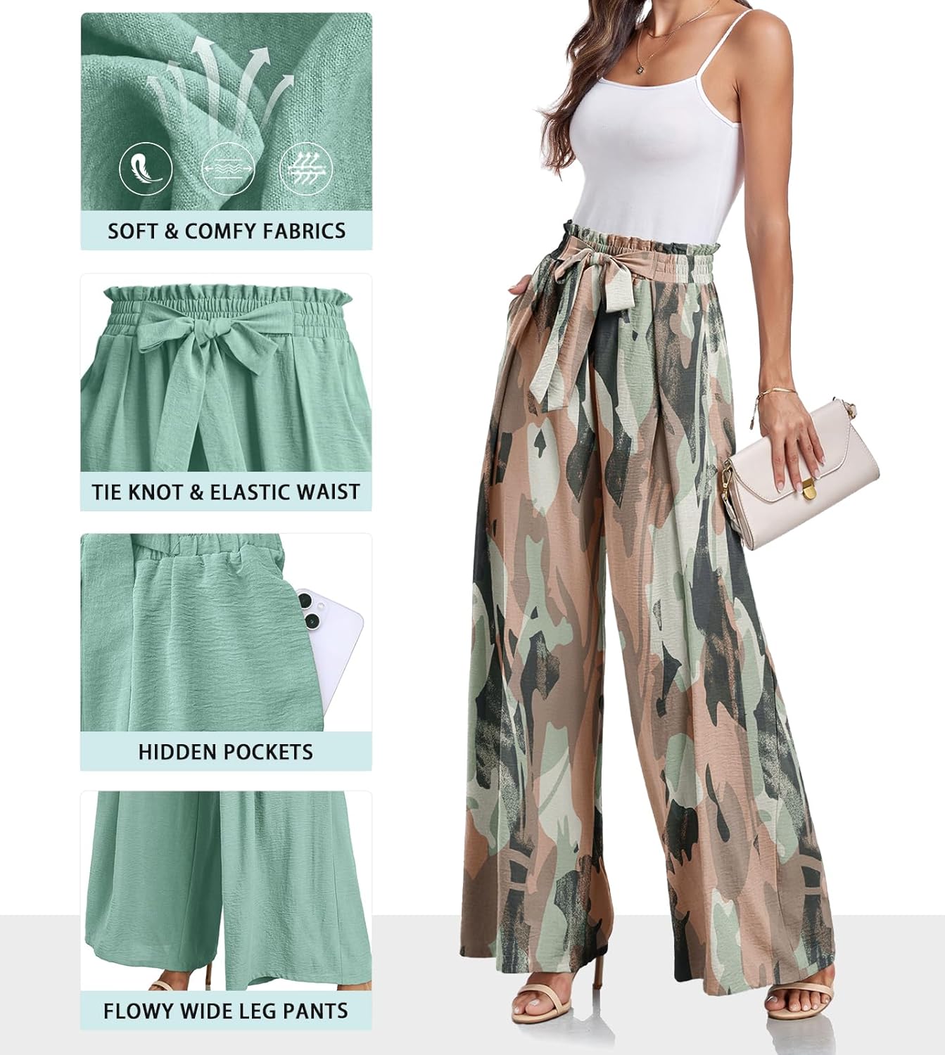 Lepunuo Wide Leg Pants for Women High Waisted Palazzo Pants Work Casual Flowy Tie Knot Trousers with Pockets - Image 3