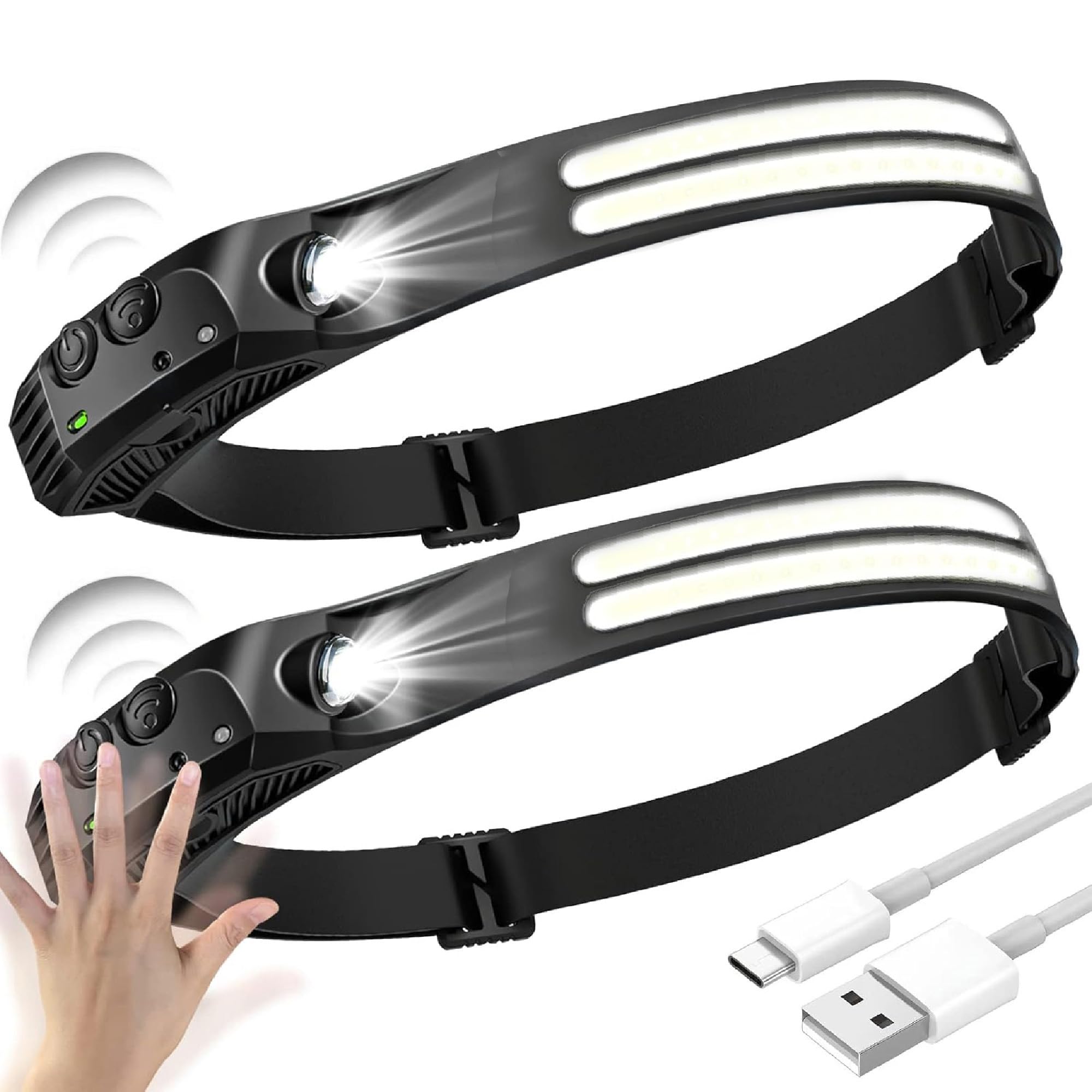 rynli Head Torch 2 Pack Rechargeable LED Headlamp 230° Wide Beam, 6 Modes Motion Sensor Head Torch for Adults & Kids, IPX4 Waterproof Lightweight Running Headlight for Camping, Fishing & Cycling