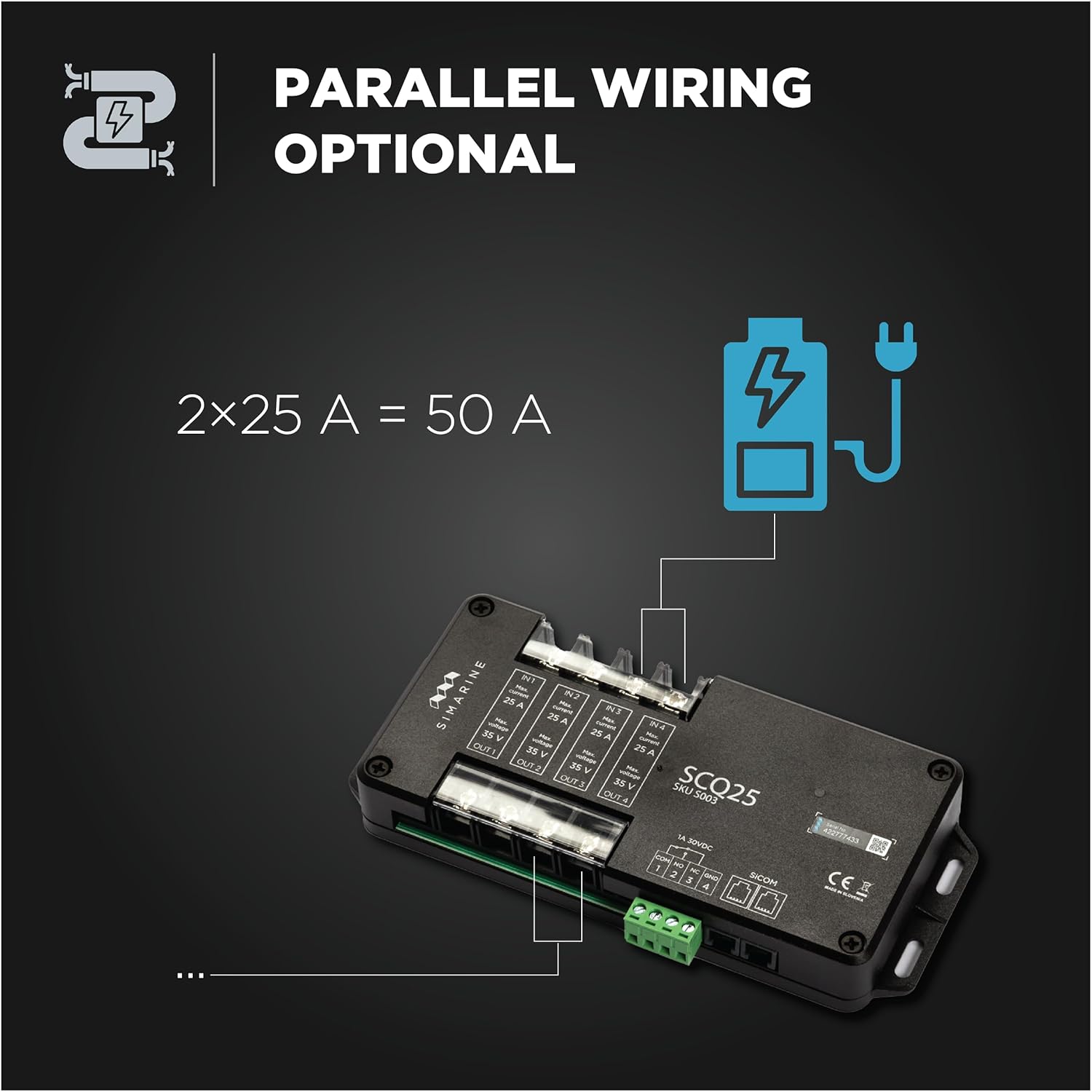 Simarine SCQ25 Quadro Shunt, Load & Solar Monitoring, 4 x 25 A per Channel, A Built-in, Programmable Alarm Signal Relay, Perfect for Retroffiting to Existing Boats & Campervans & Trailers & RVs.