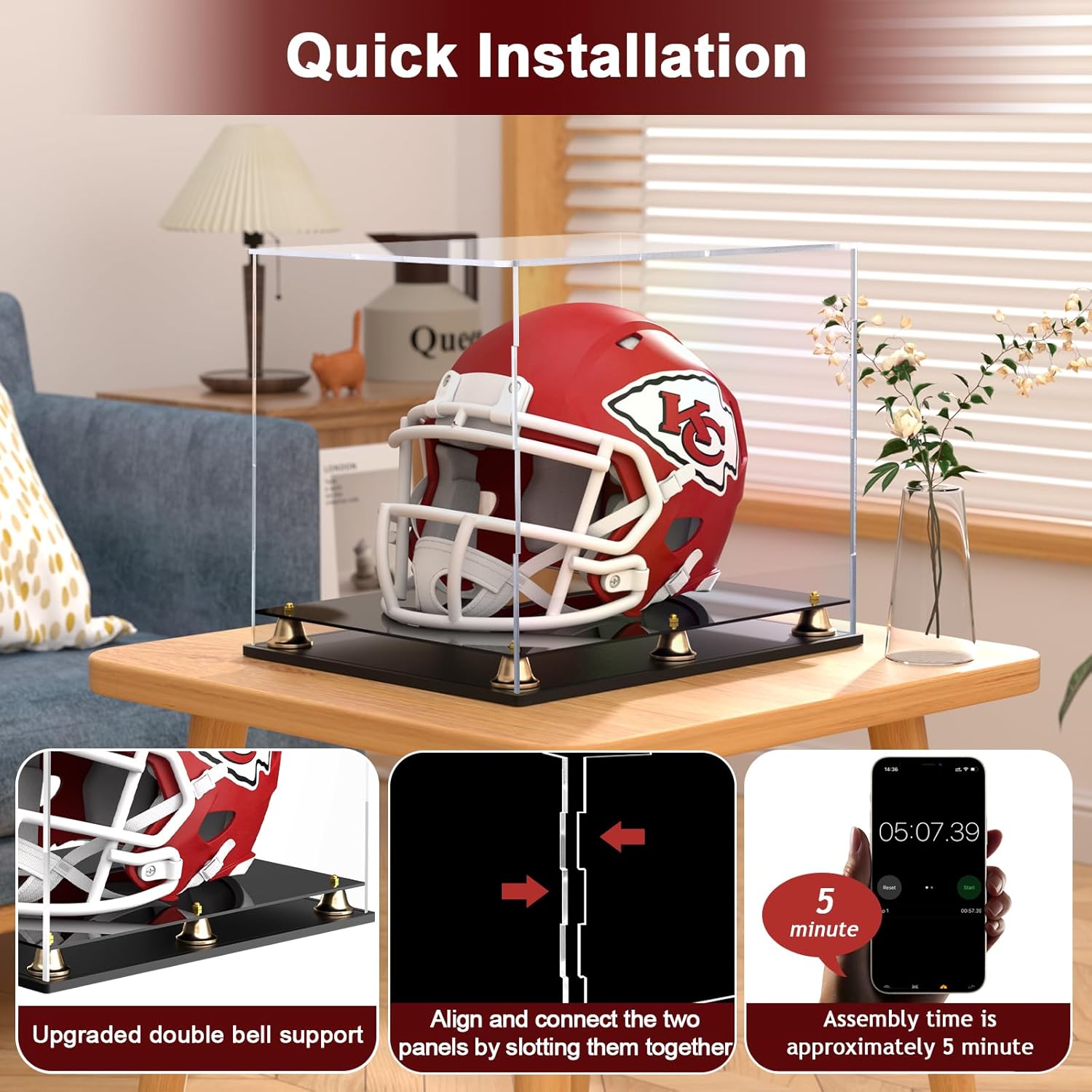 Football Helmet Display Case Full Size, Clear Acrylic Helmet Display Box Dustproof Helmet Case Display Case with Metal Bell Base for Sports Memorabilia (15 x 11.8 x 12.6 in)