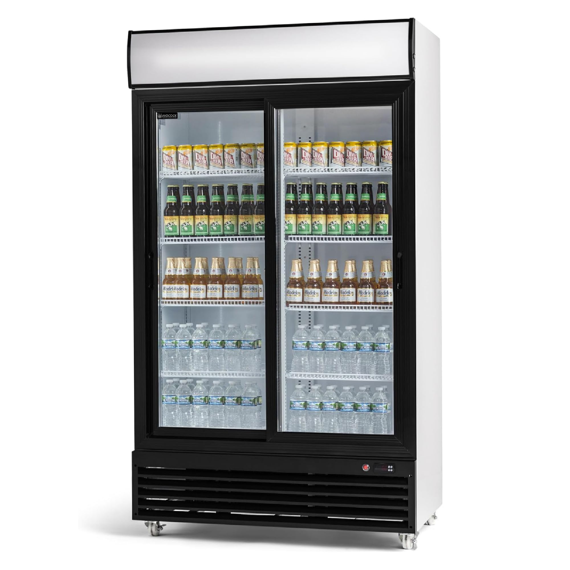 Procool White Sliding 2-Door Display Fridge, 35.3 CuFt, Customizable Sign