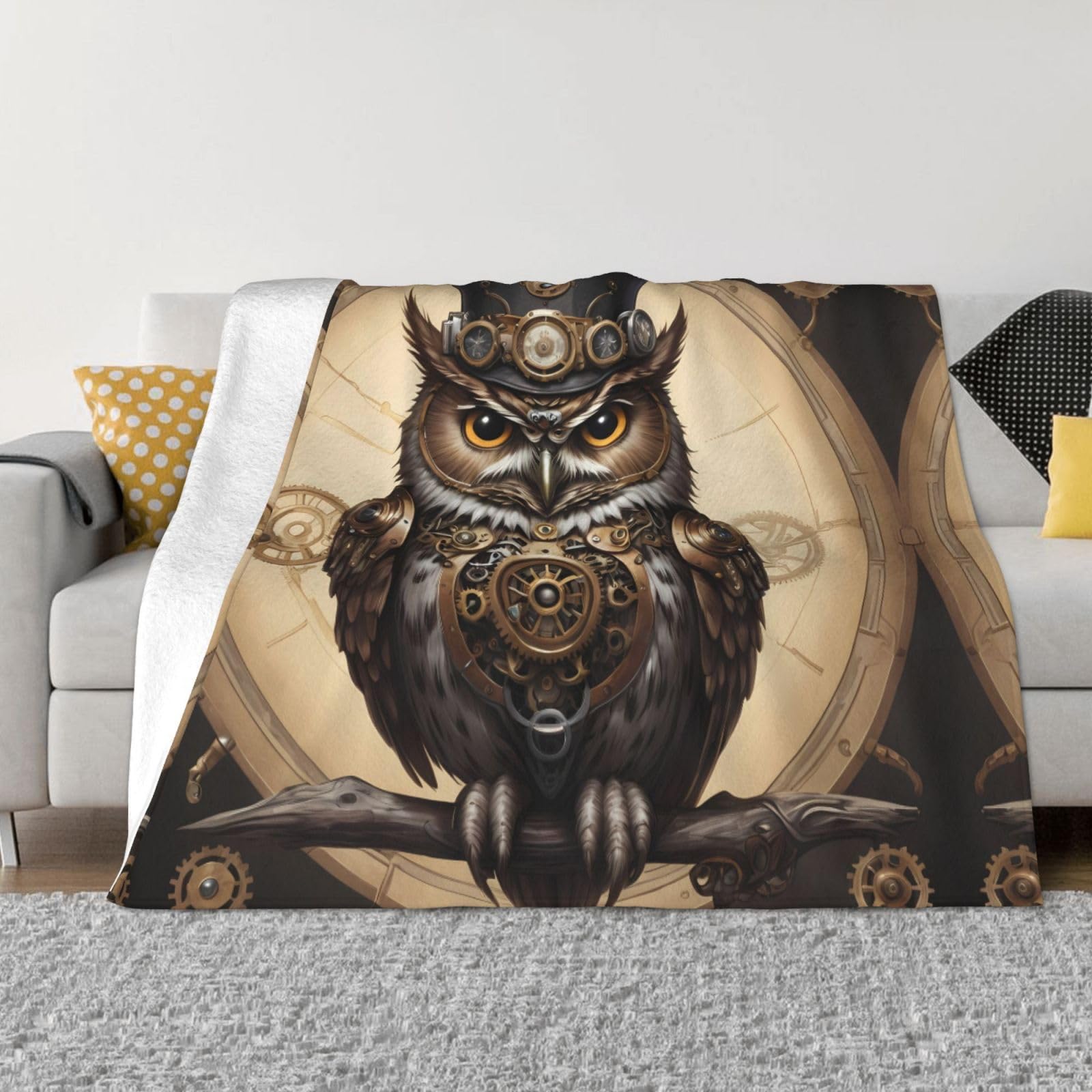 Steampunk Owl Patterned flannel warm sofa blanket, comfortable for living room, bedroom, bed, sofa blanket - 40"x30"