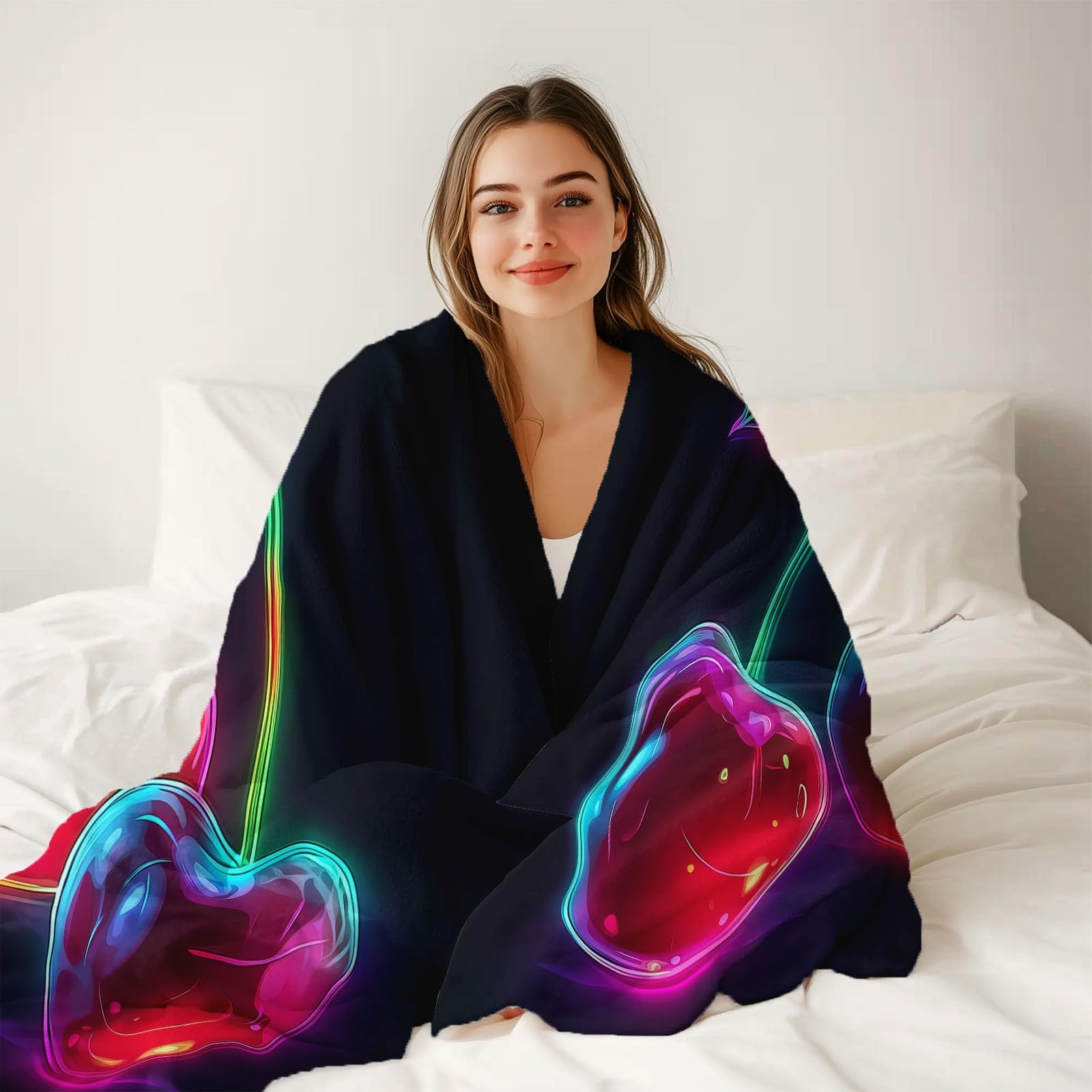 Miękki i przytulny flanelowy koc polarowy 150 x 200 cm - Ciepły pluszowy koc podróżny z nadrukiem z motywem wiśni, dekoracyjna narzuta czarna na sofę i łóżko podróżne