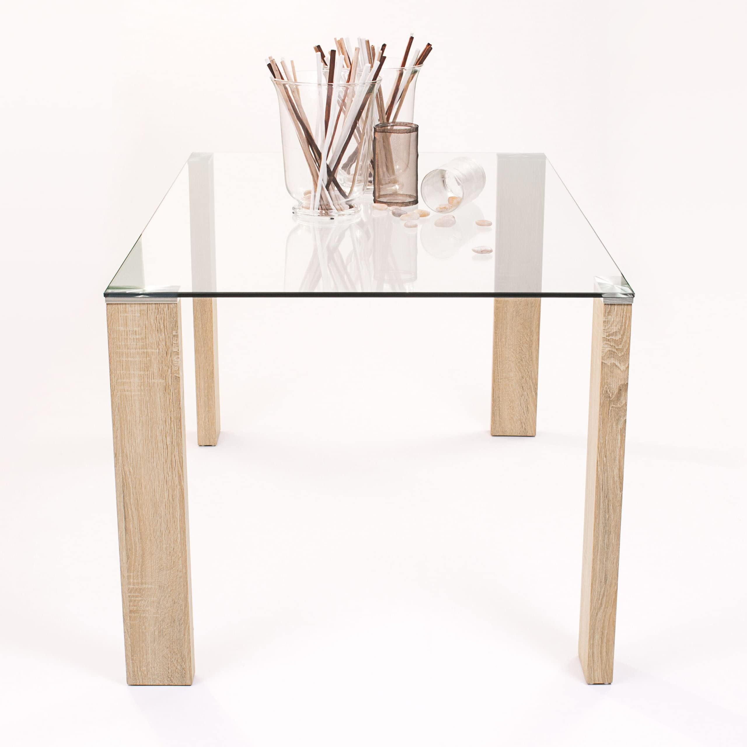 Homely | Mesa de Comedor ROSSET | Mesa Salón, Cocina, Oficina | Estilo Moderno | Diseño Sencillo, Actual y Elegante | Tapa Cristal Templado | Patas de MDF Laminadas Color Madera | 140x90 cm