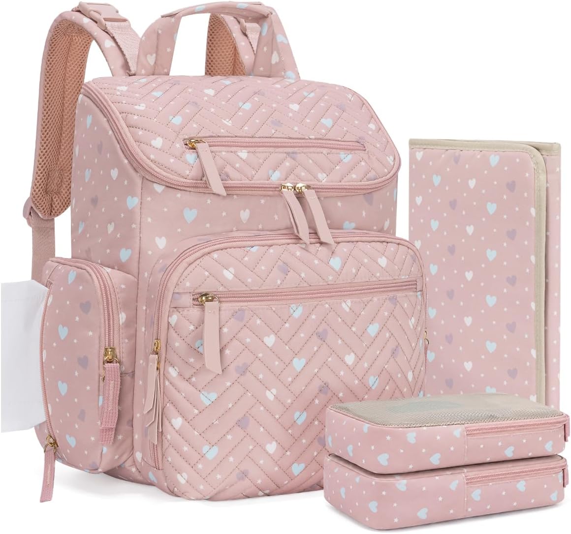 KABAQOO Diaper Bag Backpack with Changing Pad and Insulated Pockets, Heart