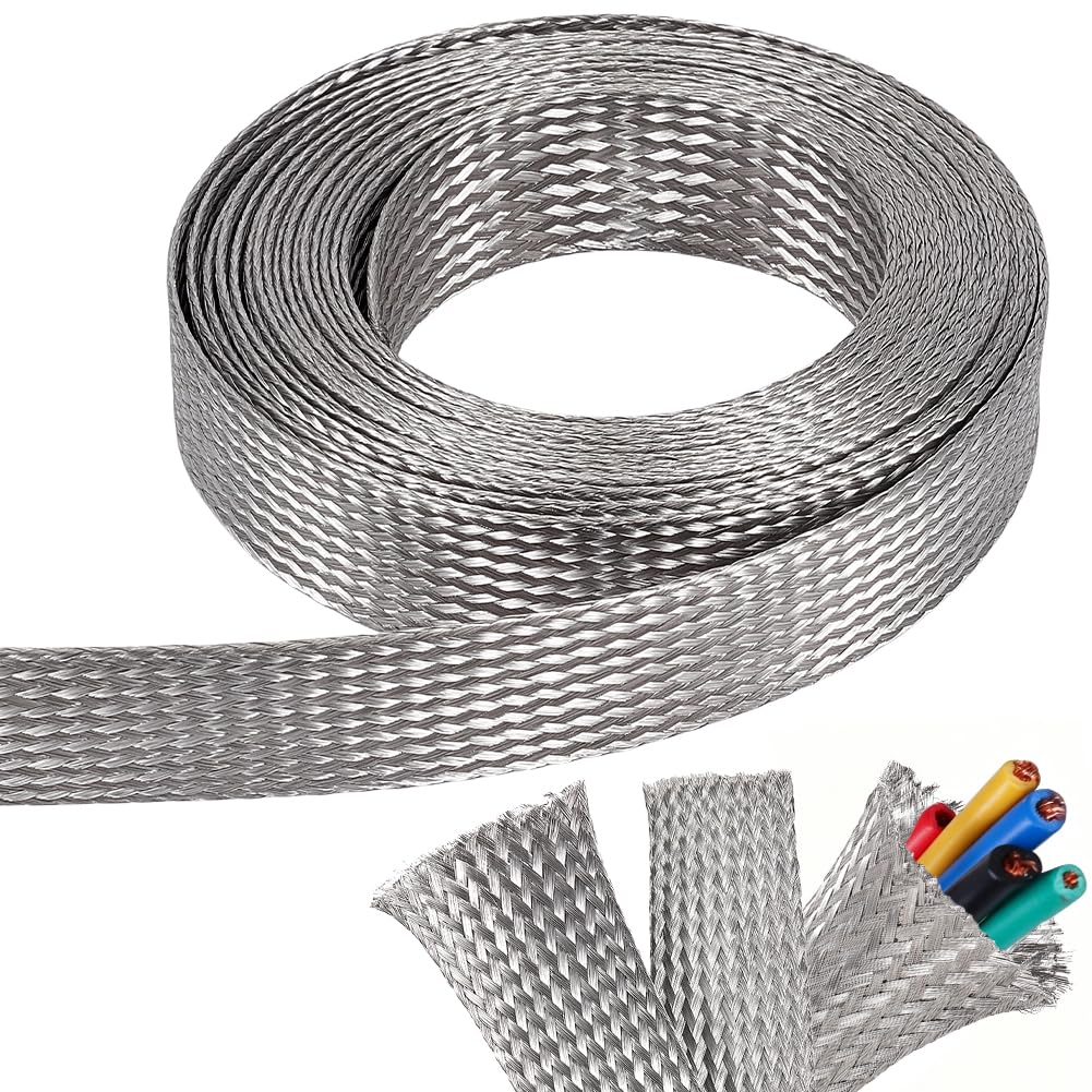 NBEADS 5m 304 Stainless Steel Braided Cable Sleeve, 25mm Wide Stainless Steel Color Flat Tinned Braided Ground Wire Mesh Flexible Shielding Sleeve for Cables
