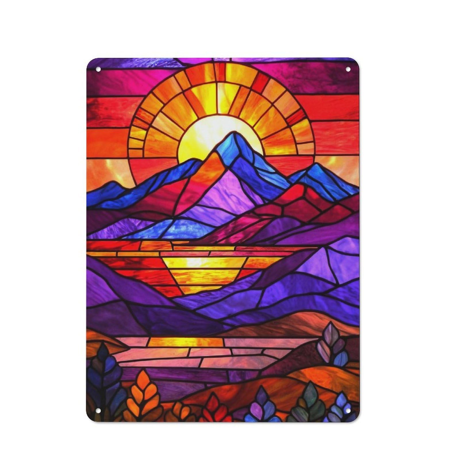 Junmoney Stained Glass Sunset Mountains Vintage Tin Sign 40X30cm With For Café Or Home Bar, Suited To Café-Style Decor Fans