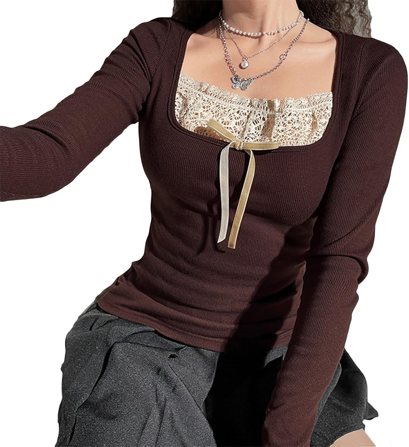 Women's Y2K Knitted Tops Long Sleeve Square Neck Lace Slim Fit Tops Fairy Grunge Shirt Aesthetic Clothes - Image 3