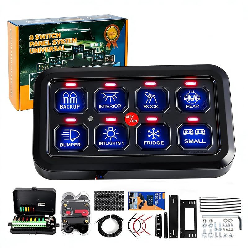 Painel de interruptores BARTOO 8 Gang RGB 12-24 V com funções Toggle, Momentary, Pulsed e memória