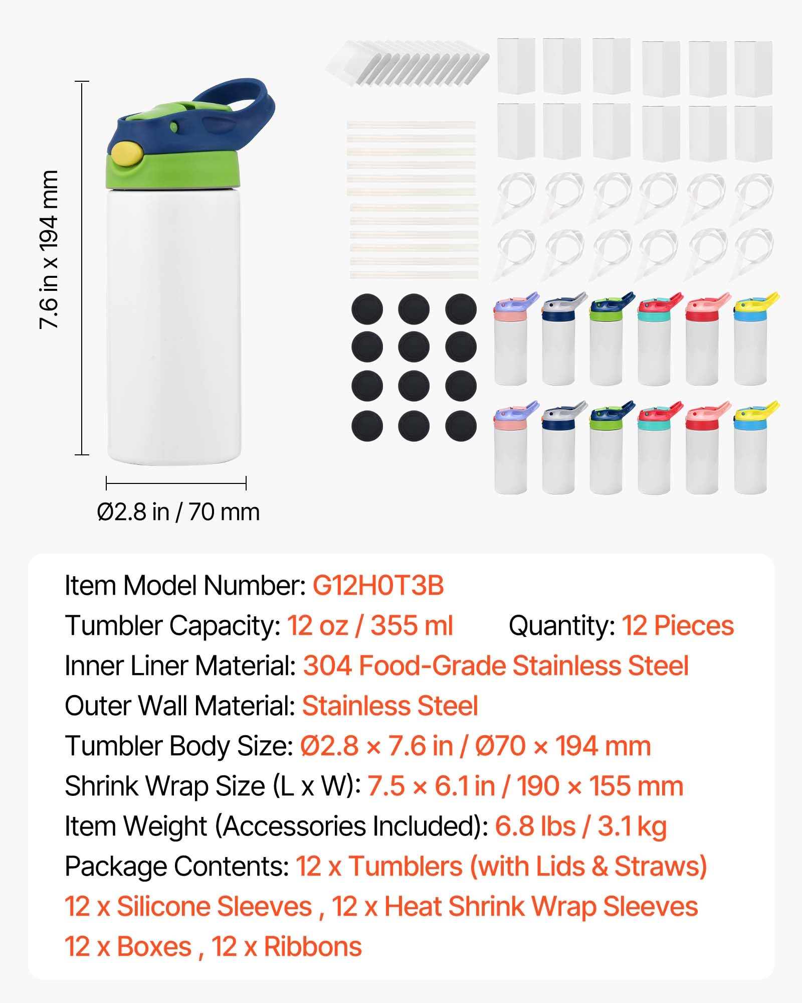 VEVOR Gobelet à Sublimation Vierge 12PCs 355 mL, Gourde Enfant à Personnaliser en Inox de Qualité Alimentaire, pour Personnalisation DIY, Bouteille Sublimable Isotherme à Double Paroi Isolée