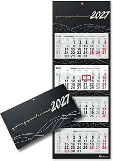 4-Monatskalender 2027 Wandkalender mit Schieber, Schwarz-Gold Wave Edition, Großformat 87,5 x 32 cm Bürokalender, 4-sprachig mit Feiertagen, stabile Rückwand und Metallöse