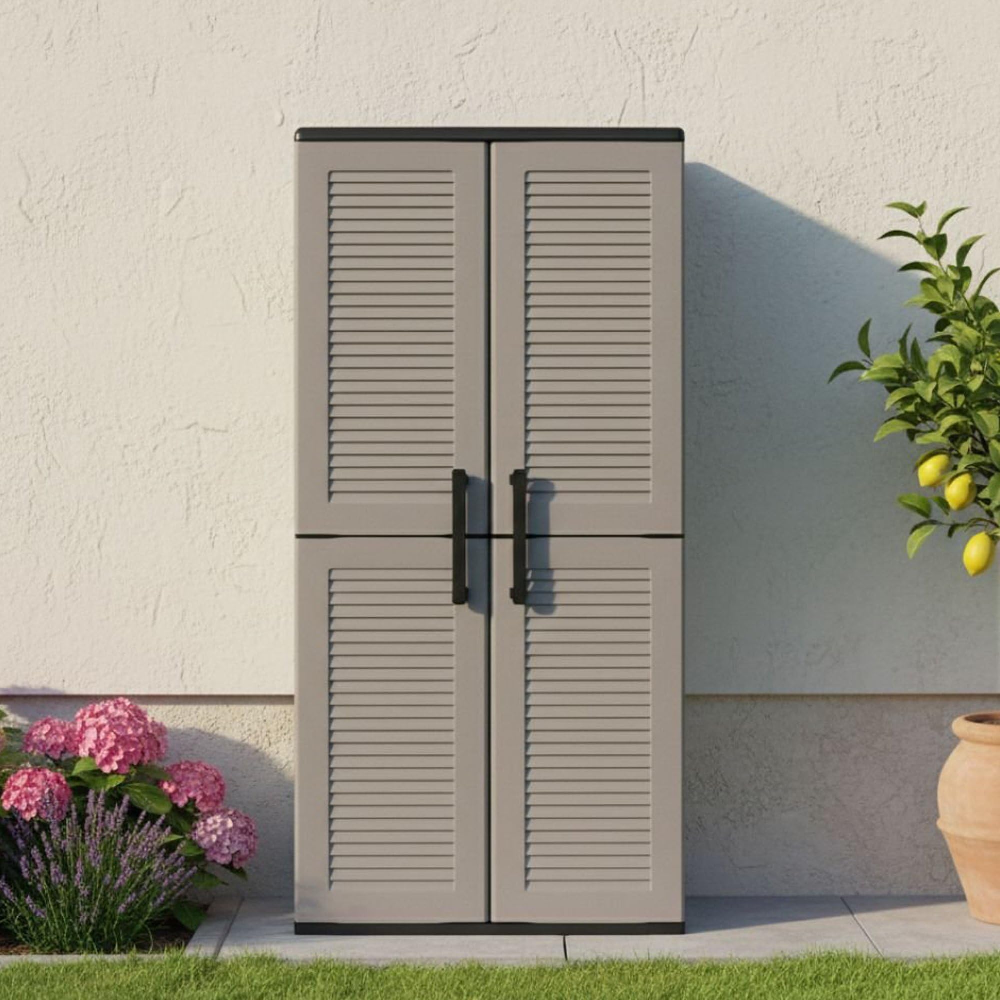 Dmora - Armadio da esterno Clavier, Mobile da balcone, Armadio multiuso con ripiani, 100% Made in Italy, 68x37h163 cm, Grigio e Nero, Finitura righe
