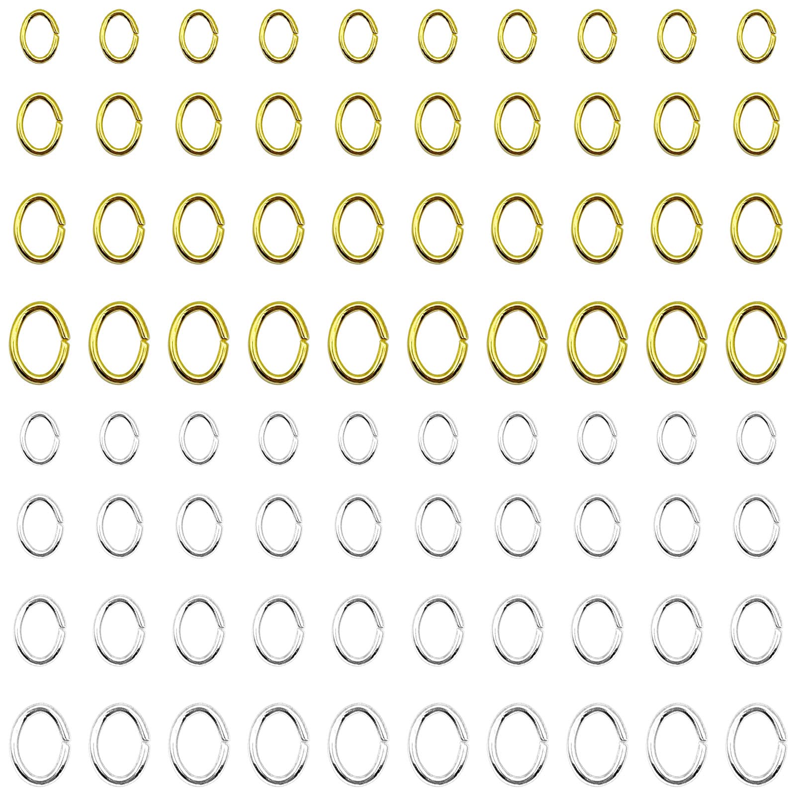 2400 Stück ovale Binderinge, Schmuck-Binderinge, Edelstahl, offener Ring, Durchmesser 4 mm, 5 mm, 6 mm, 7 mm, für Schmuckherstellung, Ohrringe, Armbänder, Halsketten, DIY Handwerk (Gold und Silber)