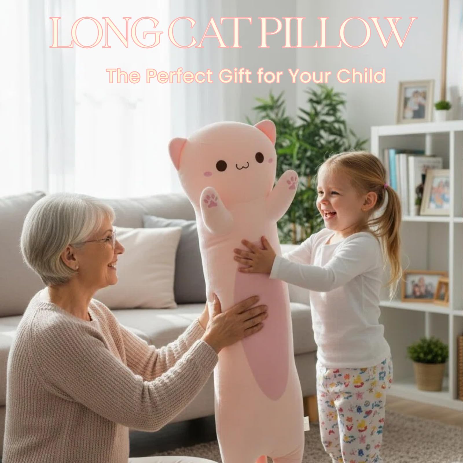 Długa pluszowa poduszka w kształcie kota, 110 cm, ultramiękka, wypchane zwierzę poduszka do ciała dla dzieci i dorosłych, uroczy pluszowy kotek, kawaii, prezent dla miłośników kotów
