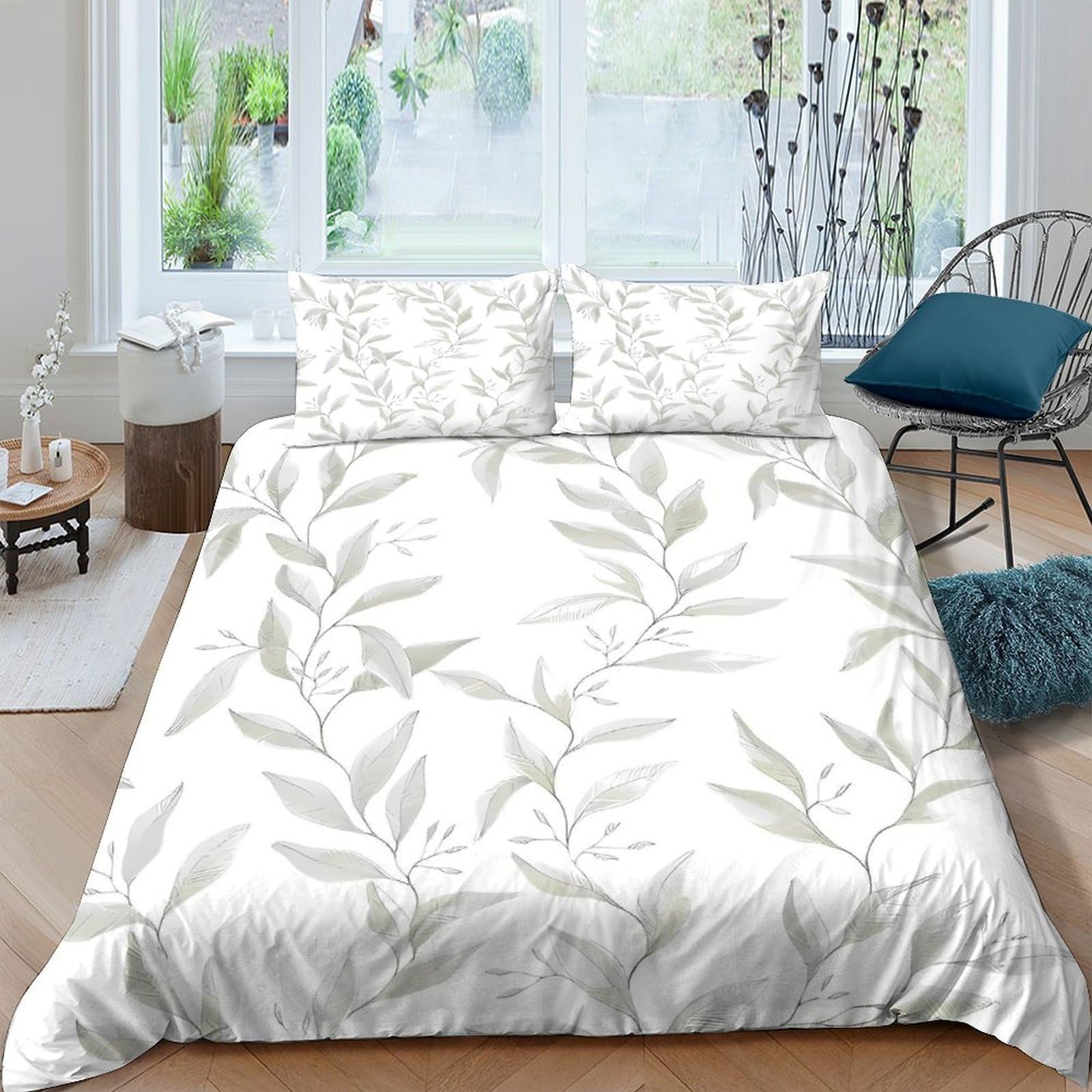 XFKLYNVCJ 3D Printed Leafy branches Comforter Cover Brushed Microfiber Botanical illust Bed Cover Hypoallergenic Stain Resistant Quick Drying Easy Care for Home Family Use King（220x240cm）