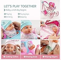 Vista 3 de Juego de Juguetes de Cochecito para Muñeca de Bebé con Muñeca de Bebé de 13'', Cama de Muñeca, Silla de Comedor, 26 Piezas de Accesorios para Muñeca