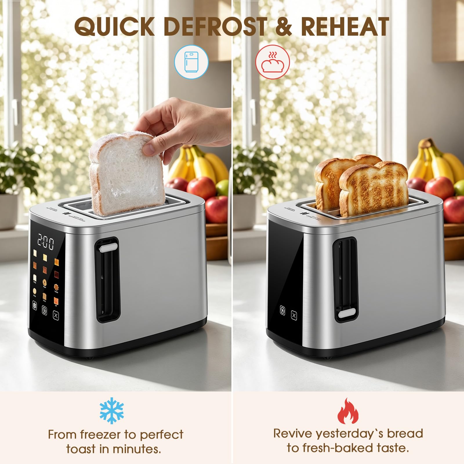 Foyoconven 2 Slice Toaster with Touch Screen, 1.5" Extra Wide Slots for Bagels & Thick Bread, Stainless Steel, Digital Countdown Timer, 6 Shade Settings, Defrost/Reheat/Cancel, Removable Crumb Tray