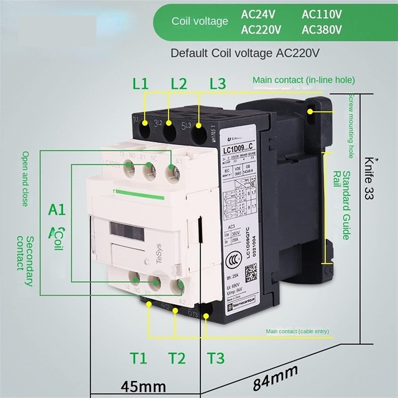 Contactor trifásico de 220 V CA, 3 Polos, 50/60 Hz, 3P, Controlador Interruptor Montaje en riel, 1 NA, NC, Voltaje Bobina: 24, 110, Unidad(Lc1d32,24V)