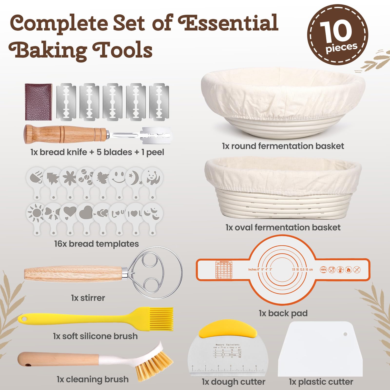 Panier de Fermentation avec Doublure, Banneton pour Pain, 25 cm Ronds et 23 cm Ovales, 10 Pièces Kit Boulangerie avec Accessoires de Cuisson du Pain, pour Les Débutants et Les Boulangers