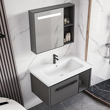 Floating Bathroom Vanity with LED Mirror Cabinet, Utility Vanities Washbasin, Wall Mounted Ceramic Hand Basin Washing Station Laundry Tub with Storage Shelves60 * 40cm/23.6 * 15.7IN