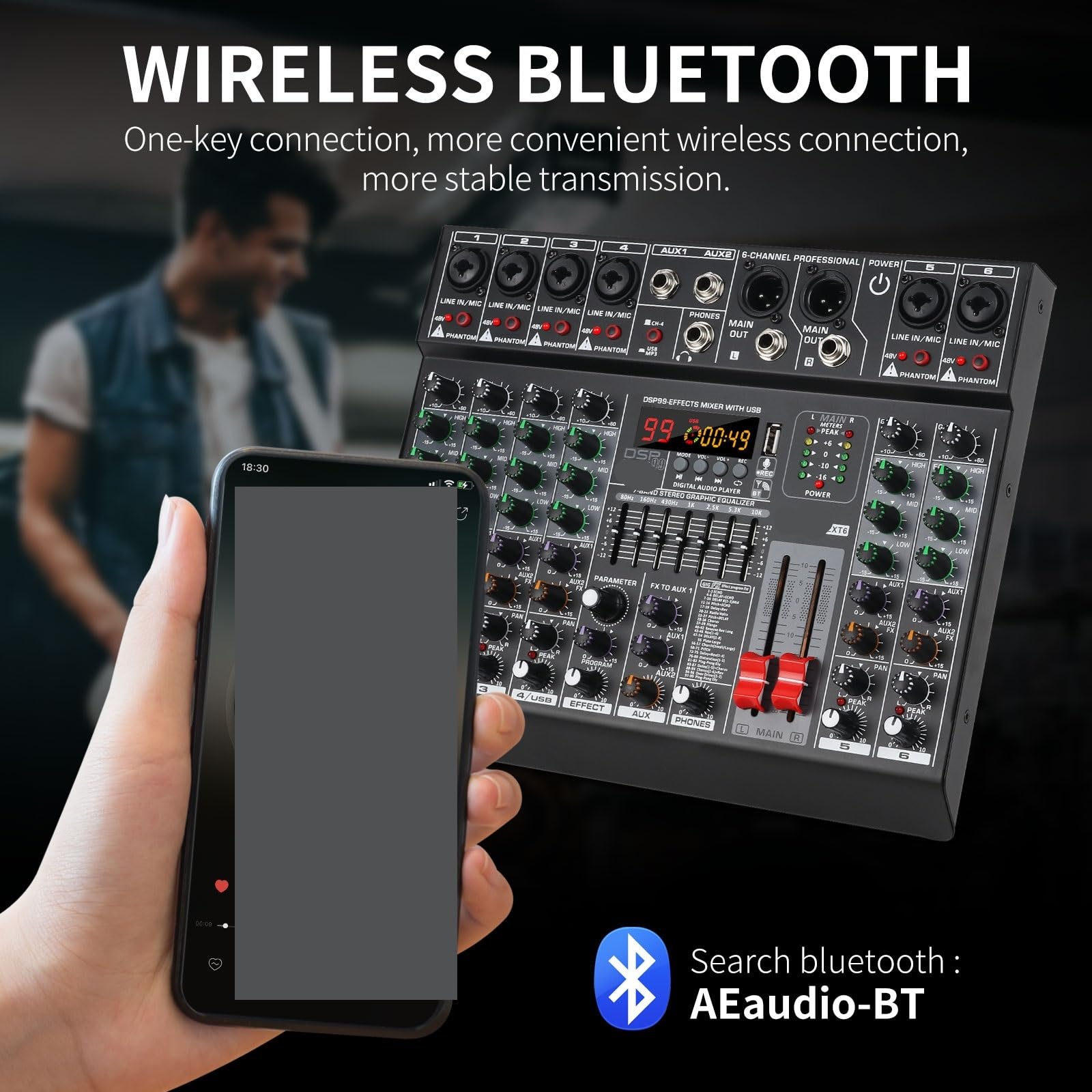 Table de mixage audio, Mélangeur audio professionnel 6/8 canaux avec 99 effets DSP, égaliseur 7 bandes, alimentation fantôme 48 V