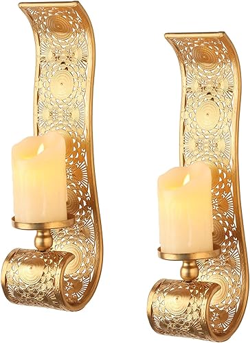 Wall Candle Sconce Set of 2,Gold Metal Wall Mount Candle Holder，Spanish Baroque Hollow Carving Wall-Mounting Sconces for Living Room, Bathroom,