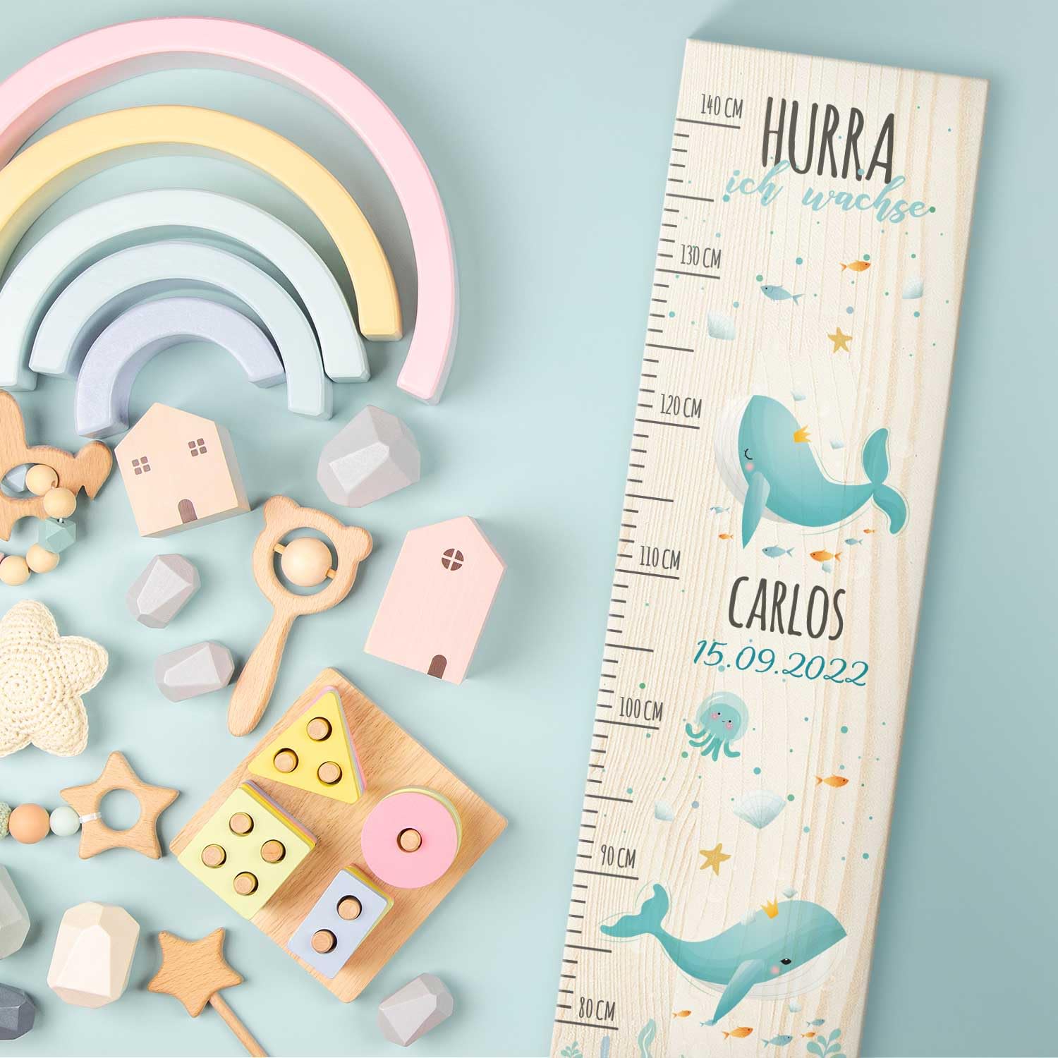 GRAVURZEILE Messlatte für Kinder aus Holz - Wal Design - mit Namen & Datum für Kinderzimmer - Skala misst 80-140 cm - Größe 20 x 70 x 2 cm - Geschenk zur Geburt für Mädchen & Jungen