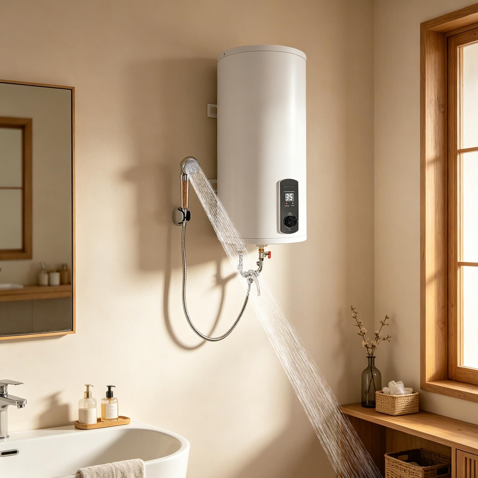 Scaldacqua istantaneo elettrico, 2000 W, serbatoio da 80 l, 35-75 °C, indicatore LED con soffione doccia, supporto doccia, bianco