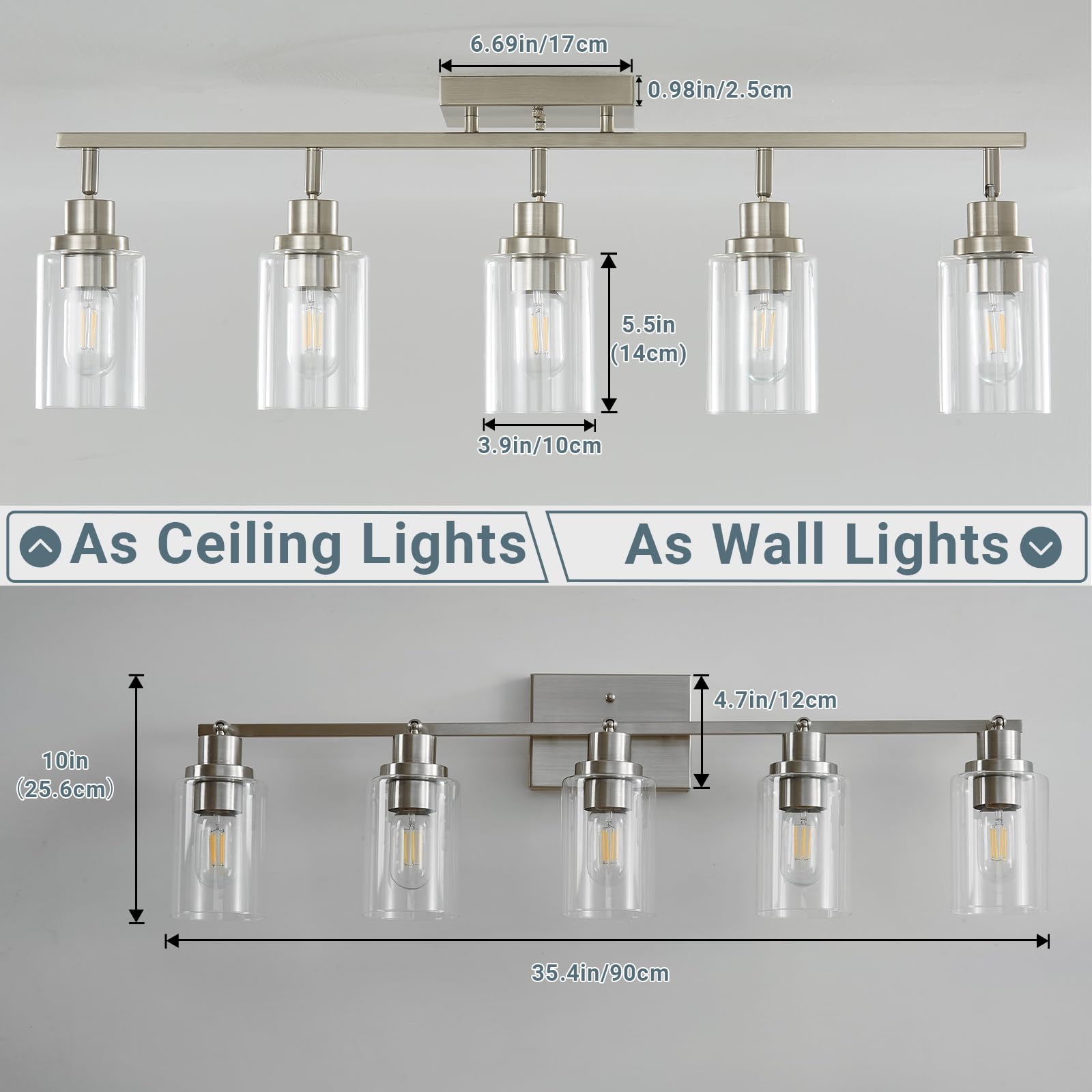 LOUSACE 5-flammiges Schienenbeleuchtungs-Set aus gebürstetem Nickel mit klarem Glas, moderne Schienenleuchten, bündig an der Decke, Tracking, Schminktischbeleuchtung, drehbarer Strahler für Küche