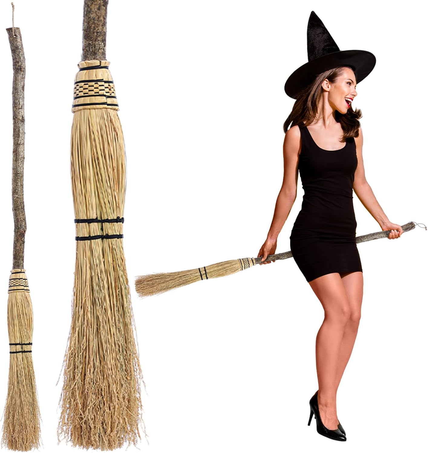 52 Inch Halloween Witch Broom Natural Corn Broom Witch Broomstick Costume Accessories Wizard Staff Costume Accessories for Adults Halloween Cosplay Party Decor Outdoor Garden Decor
