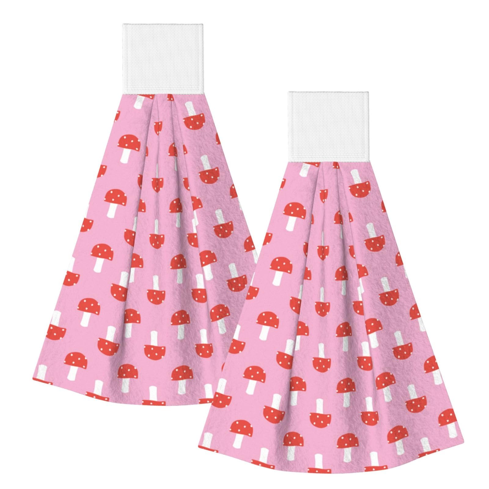 DOPKLNA Mushrooms Pink Red, 2 Pcs Hanging Coral Fiber Hand Towels for Bathroom, Absorbent Kitchen Towels