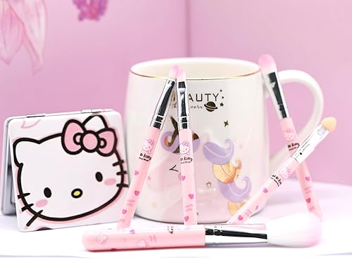 Miniatura 4 de Juego de brochas de maquillaje con bonito diseño de gatito, 5 pinceles, 1 espejo. Regalo ideal para el día de San Valentín o cumpleaños para