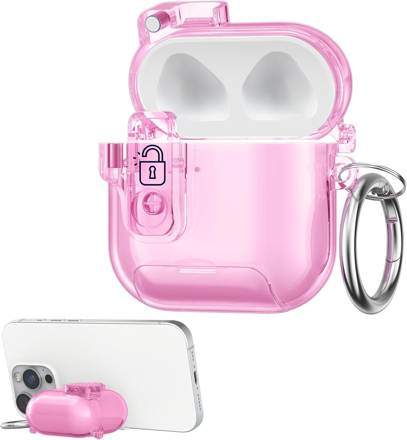 kwmobile Clear Earphones Case Compatible with Apple Airpods 4 Case – TPU Headphones Cover with Phone Stand & Secure Lock – Pink