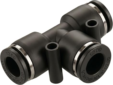 1/2 OD Push to Connect Air Line Union Tee Fittings 3 Way 5 Pack | 3 way union tee coupler instant pushlock composite pneumatic air tube fittings disconnect adapter quick connect mechanism