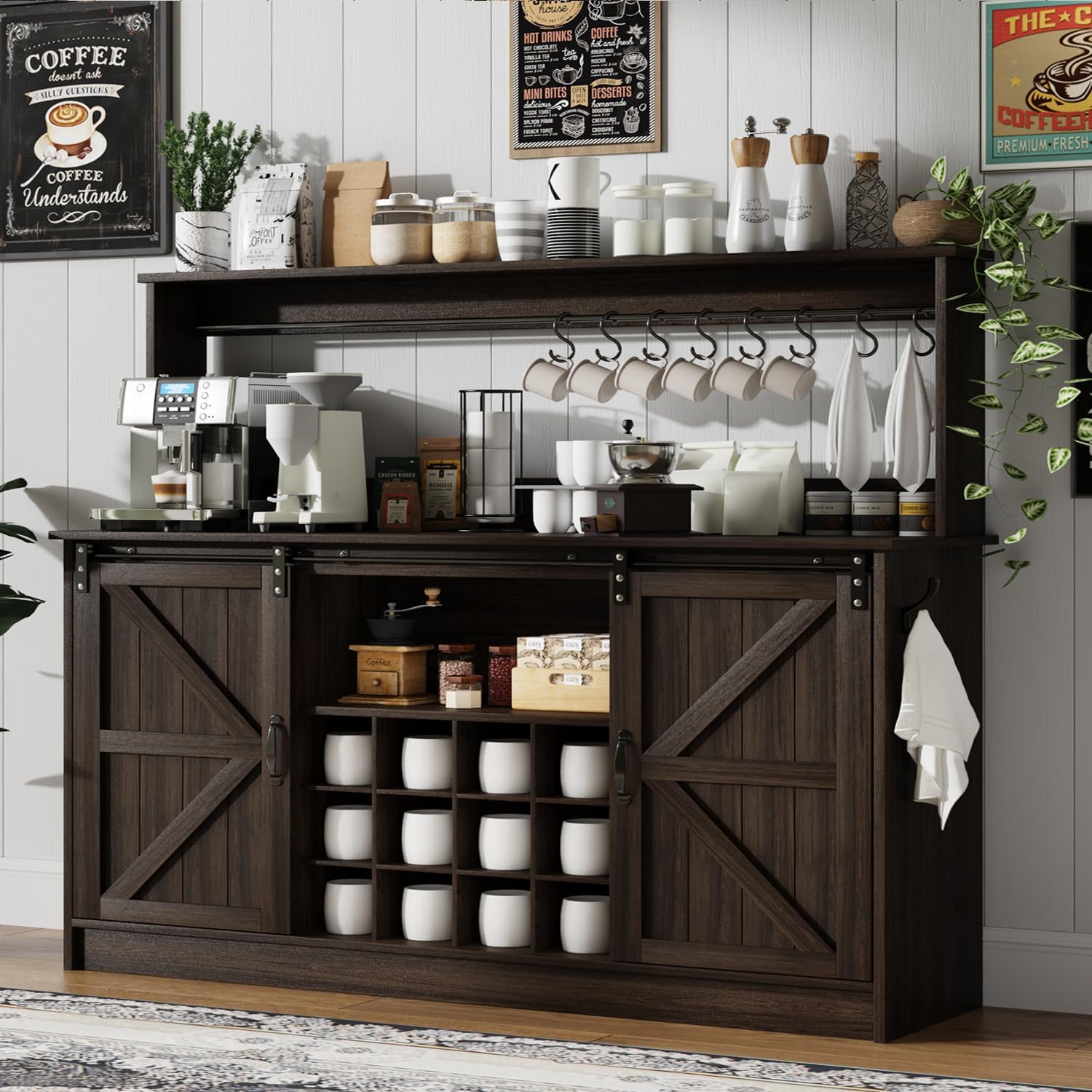 4ever2buyFarmhouse Coffee Bar Cabinet with 8 Hooks, 55” Kitchen Hutch Cabinet with Storage, Gray Coffee Bar with Sliding Barn Doors, Wine Bar Cabinet with 12 Racks for Living Dining Room, Dark Oak