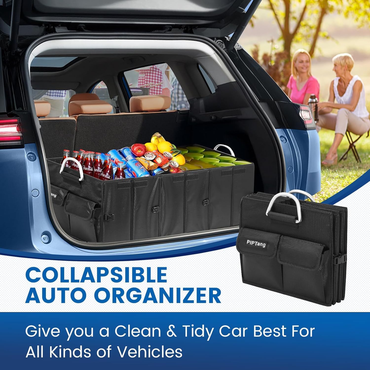 Organizador plegable XXL para maletero de coche, 90 cm, con asas de aluminio reforzadas, base antideslizante y varios bolsillos, bolsa de maletero para coche, SUV y camión