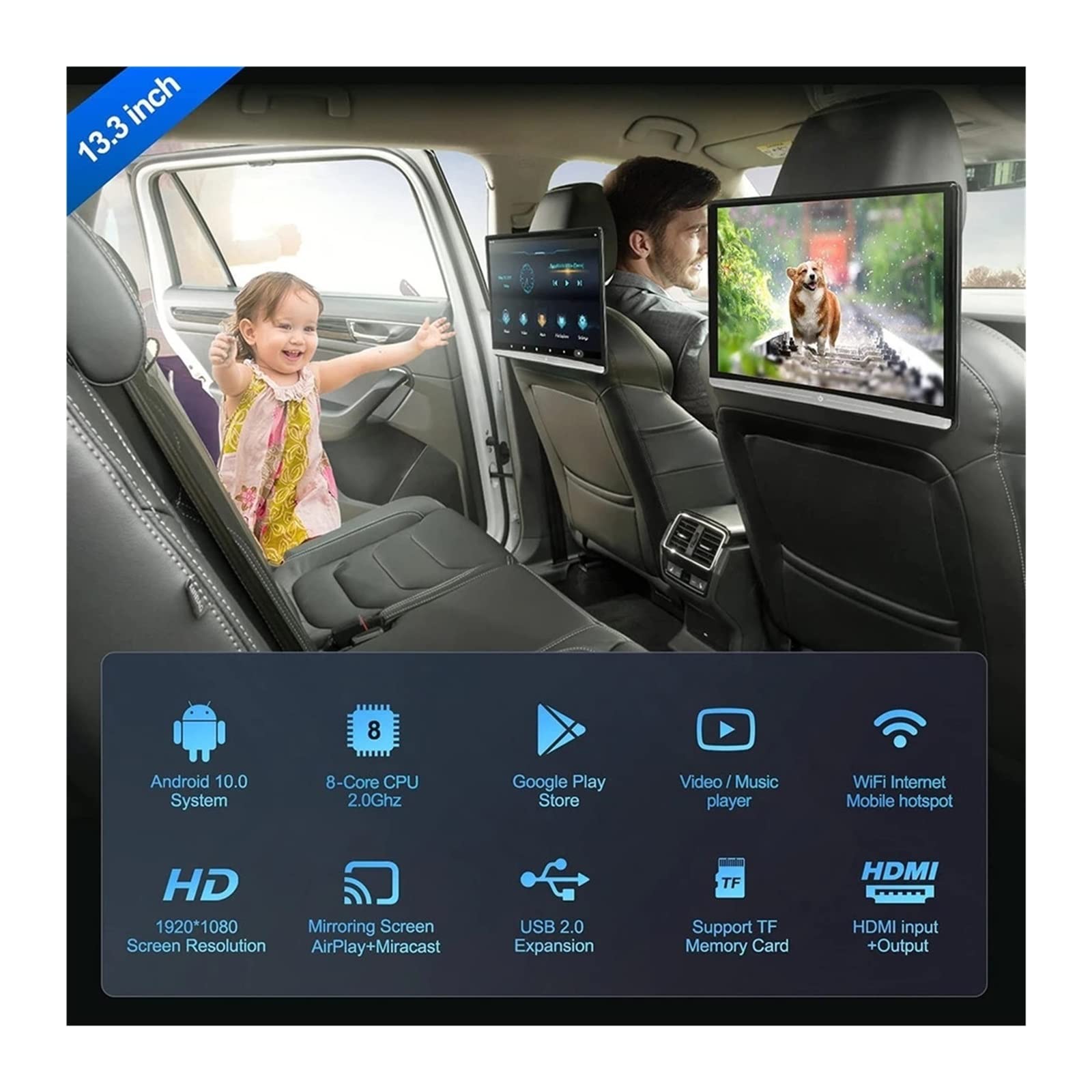 Reproductor de reposacabezas de Coche Monitor de reposacabezas Coche 13,3 Pulgadas Descarga aplicación vídeo 4K 1080P HD WiFi/HDMI/USB/TF/BT RAM 2GB + 16GB Mirroring/Miracast(1PC Monitor)
