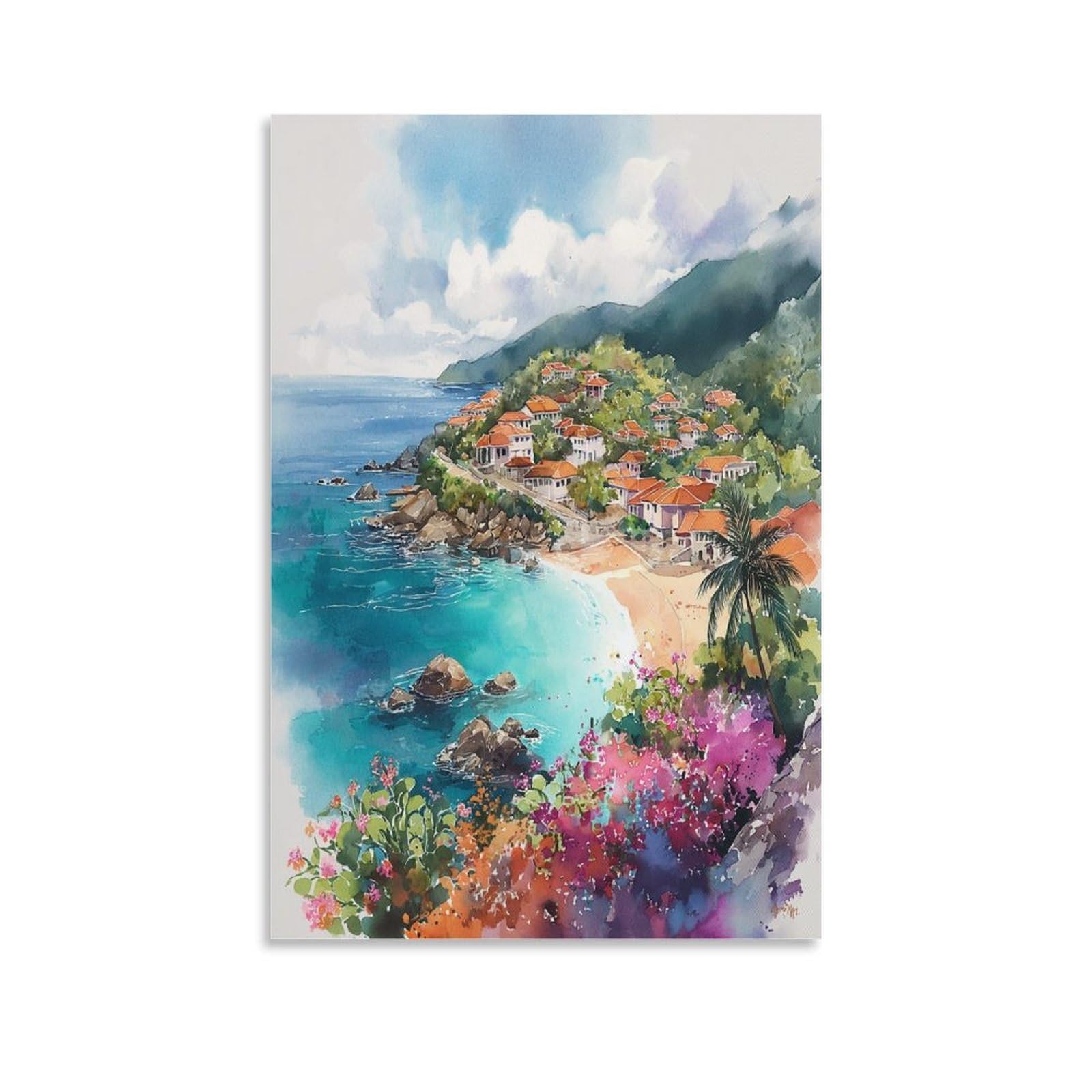 XWYMXZ Grenada Watercolor Painting Caribbean Travel Poster Tree 20x30inch(50x75cm) Vintage Watercolor Canvas Art