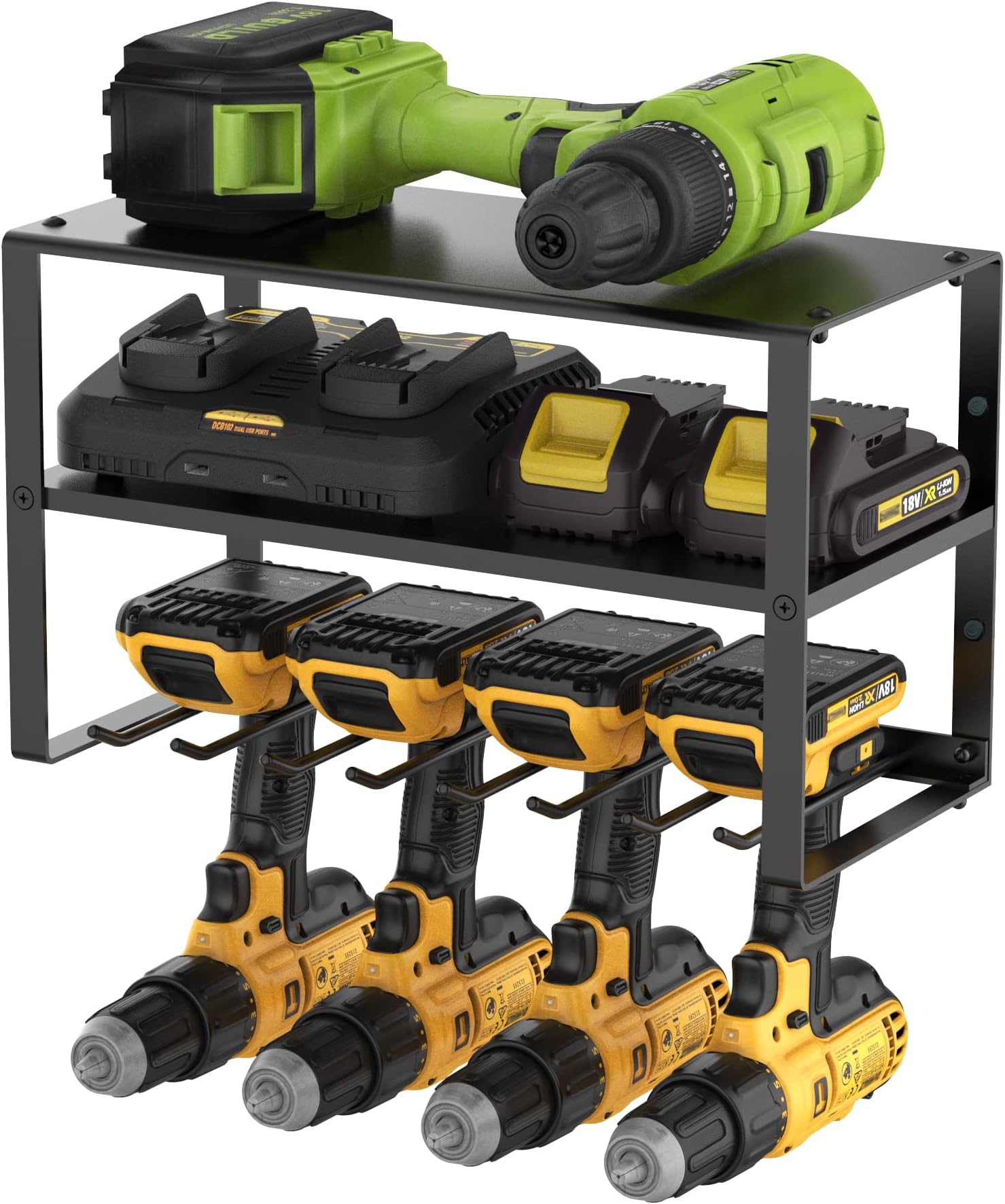 OUUO 3 Tiers Tool Garage Organization Drill Holder Heavy Duty Carbon Steel Power Tool Organizer - USA Designed Garage Storage Shelves - Garage Wall Mount Shelf - Power Tool Storage Rack