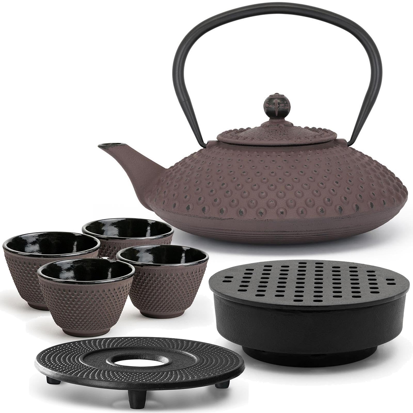 Bredemeijer Gusseisen Teekanne 1.25 Liter Induktion - flache Asia Gusskanne aubergine im Set mit 4 Teebecher (Tassen) Untersetzer & Teewärmer & Teefilter-Sieb-Einsatz